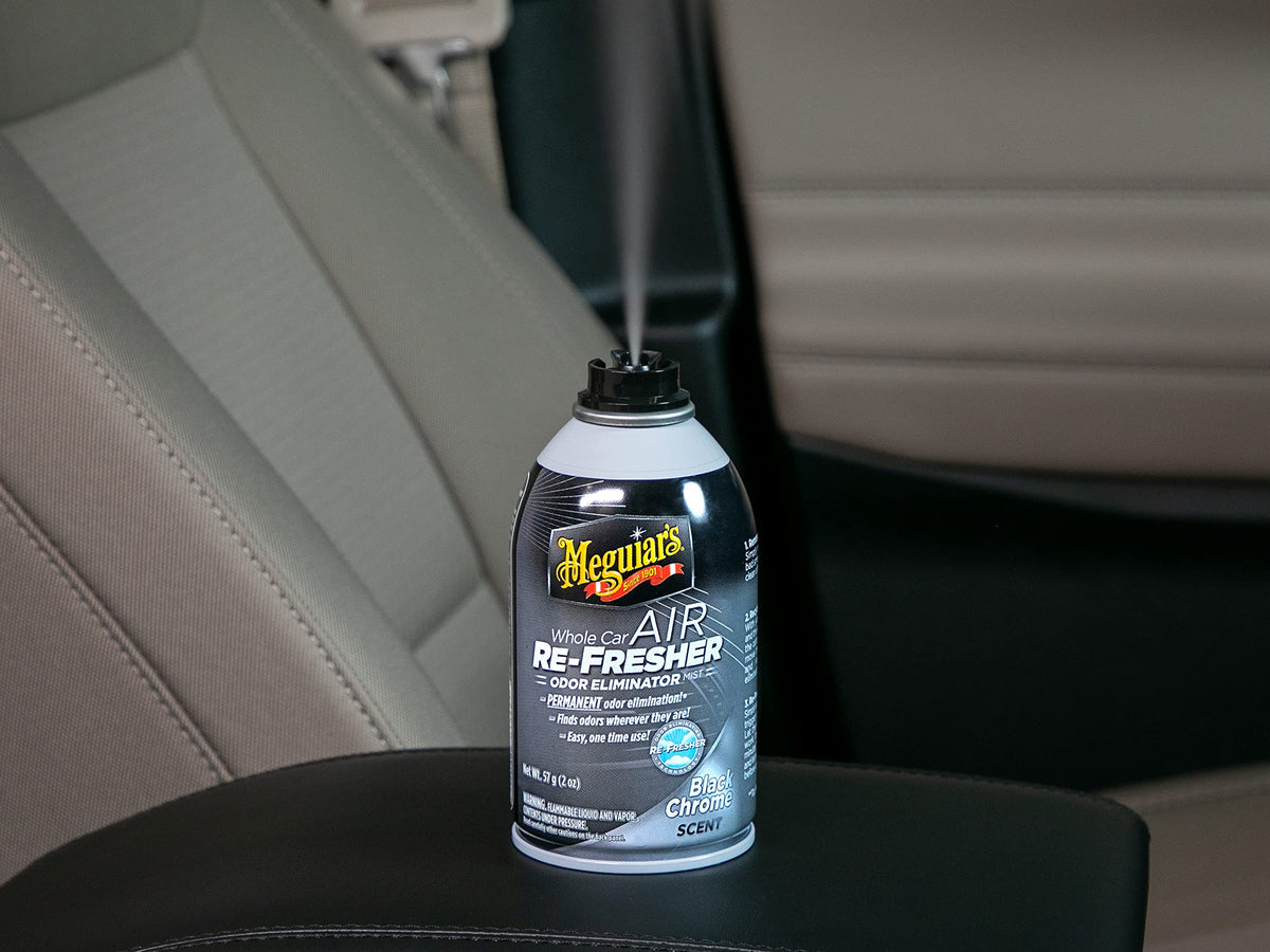Meguiar's Whole Car Air Refresher, Car Odor Eliminator Spray Permanently Eliminates Unwanted Vehicle Odors Throughout Your Interior, Black Chrome Scent, 2 Oz Aerosol Canister
