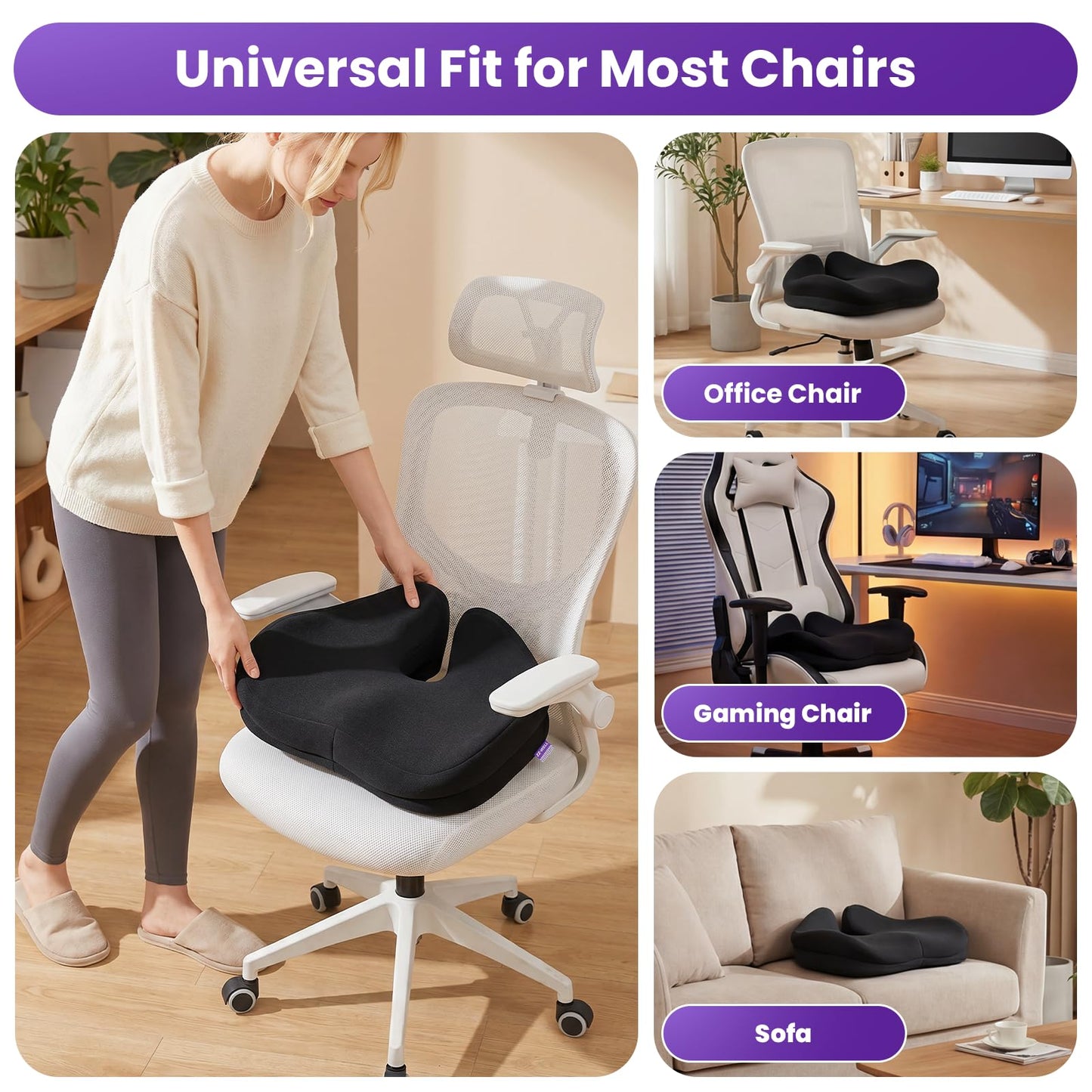 ZZ-WELL Seat Cushions for Office Chairs - Patented Coccyx Cushion for Tailbone Pain - 21.2" W x 16.5" L Memory Foam Extra Large Seat Cushion, Removable & Machine Washable Cover (Black)