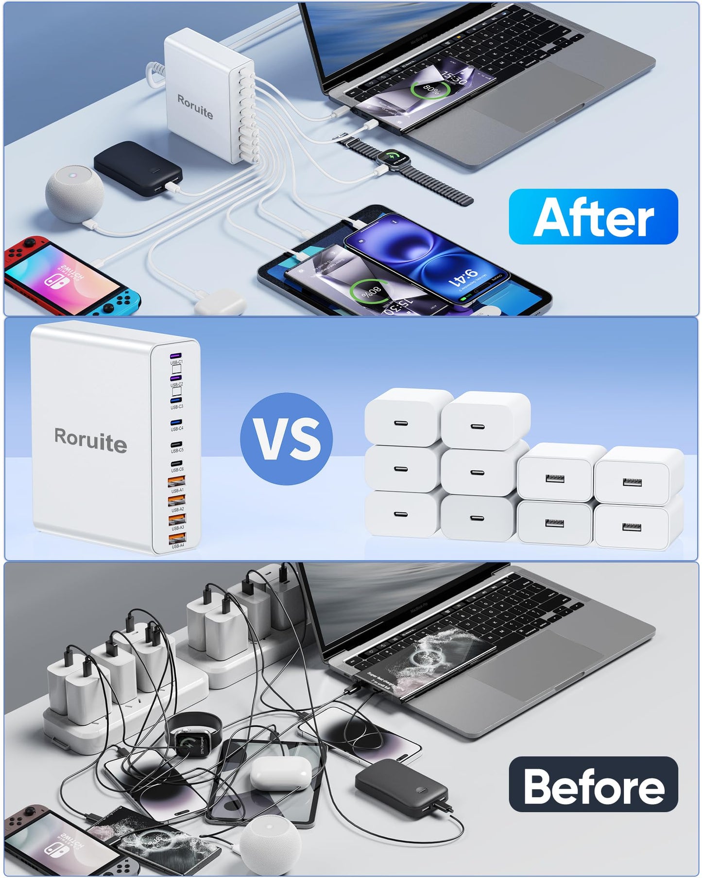 800W USB C Charging Station, 120W PD GaN5 Super Fast USB C Charger Block-10 Port, Type C Fast Charging Block for PC Laptop MacBook Pro/Air Charger Adapter with iPhone 17 16 15 14 Pro Max, iPad, Galaxy
