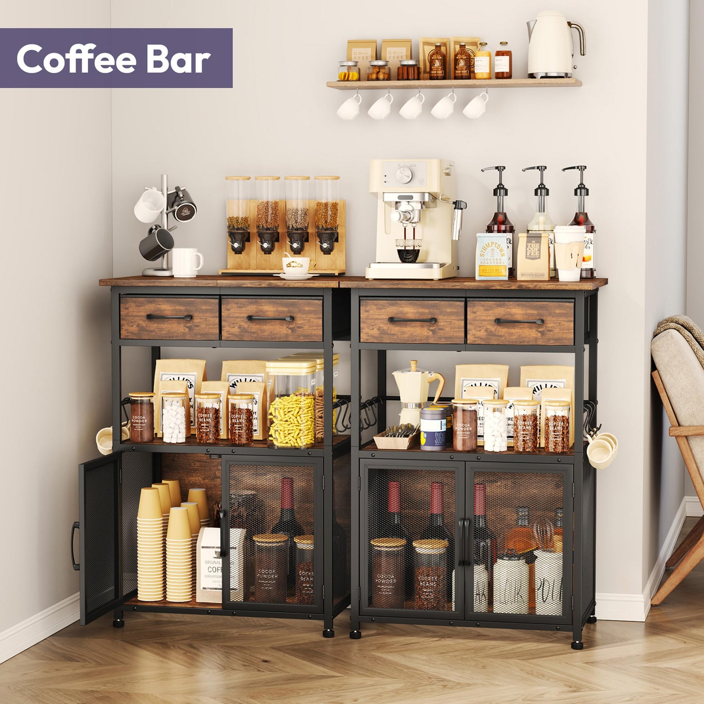 SWTYMIKI Coffee Bar Cabinet with Drawer - 20.47" Coffee Stand Station with Removable Hooks, Buffet Cabinet for Coffee Maker or Microwave, Kitchen Bar Table Storage Organizer, Espresso