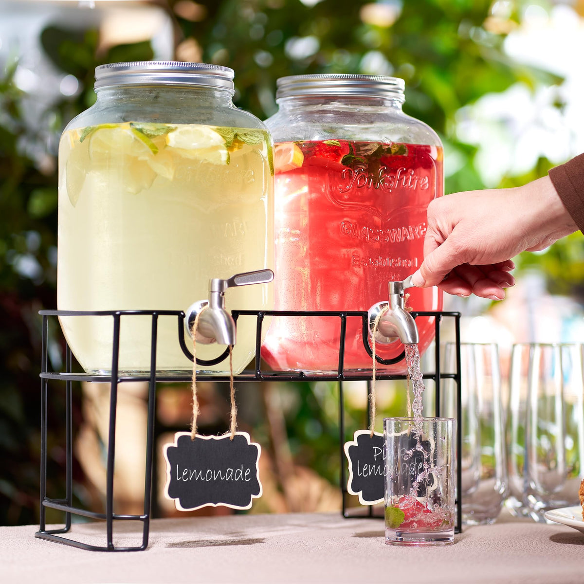 FineDine Glass Drink Dispenser with Stand & Stainless Steel Spigot – 1 Gallon drink dispensers for parties, glass beverage dispenser Set, punch bowl for Lemonade, Juice, Infused Water & More, 2 Pack