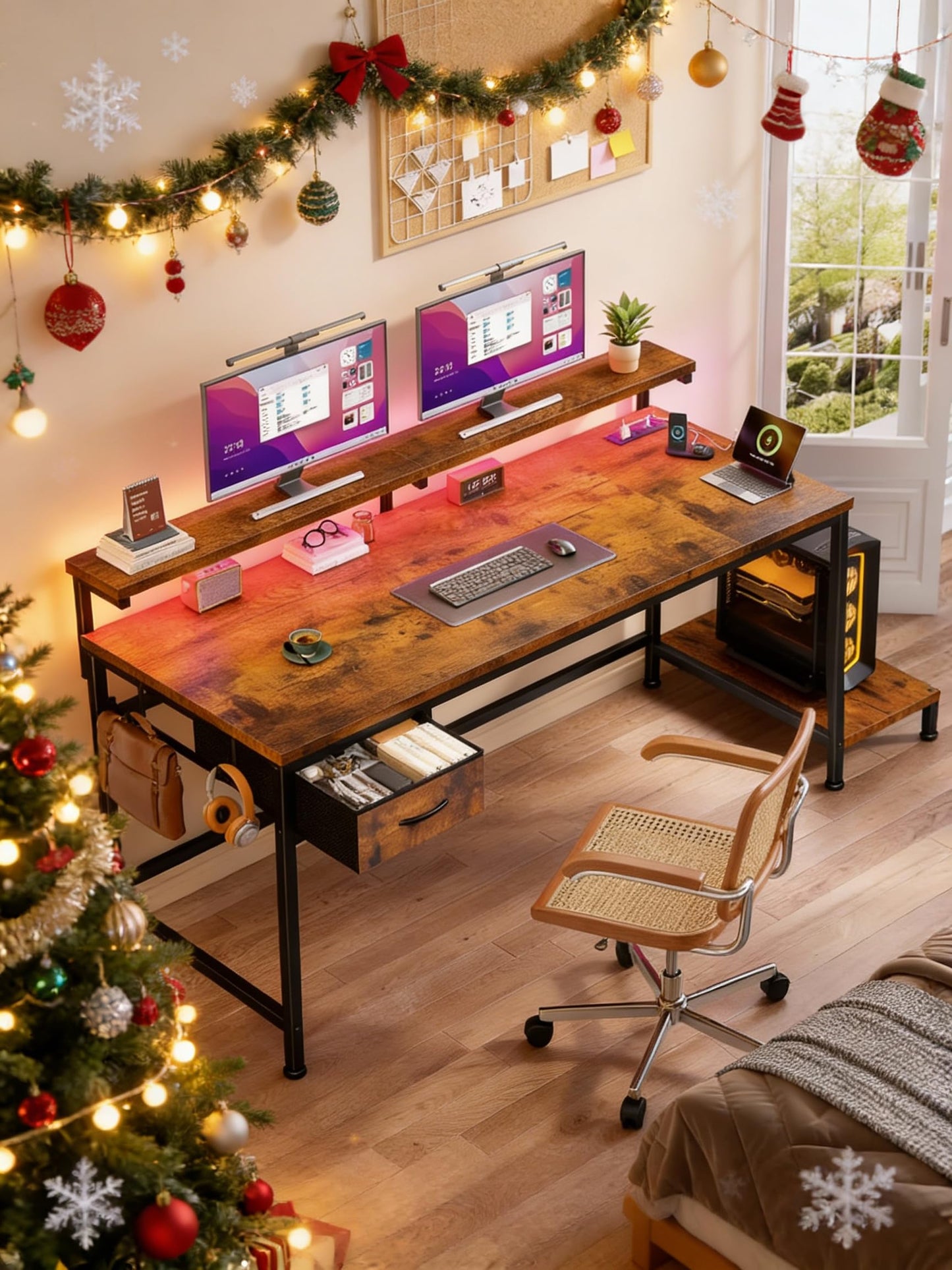 DurayLoly 39.3Inch Office Desk with Power Outlet & Drawer, Gaming Desk with CPU Stand& LED Lights,Computer Desk with Ergonomic Monitor Stand for Small Space,Rustic Brown