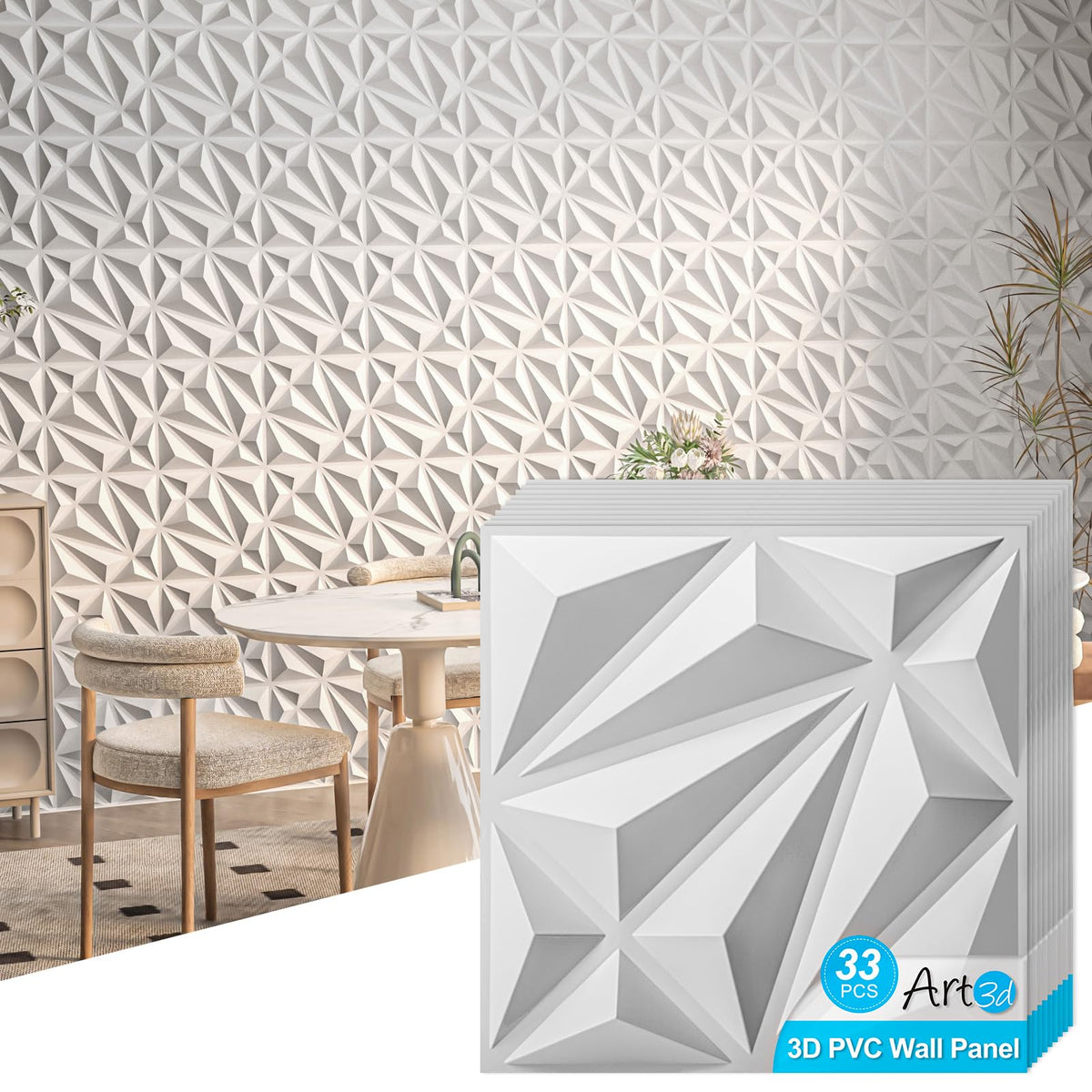 Art3d 33-Pack 3D Wall Panel for Interior Wall Décor, Diamond Textured PVC Accent Wall Paneling for Living Room Bedroom Office TV Wall Background, 11.8"x11.8" Cover 32.Sq.Ft., White