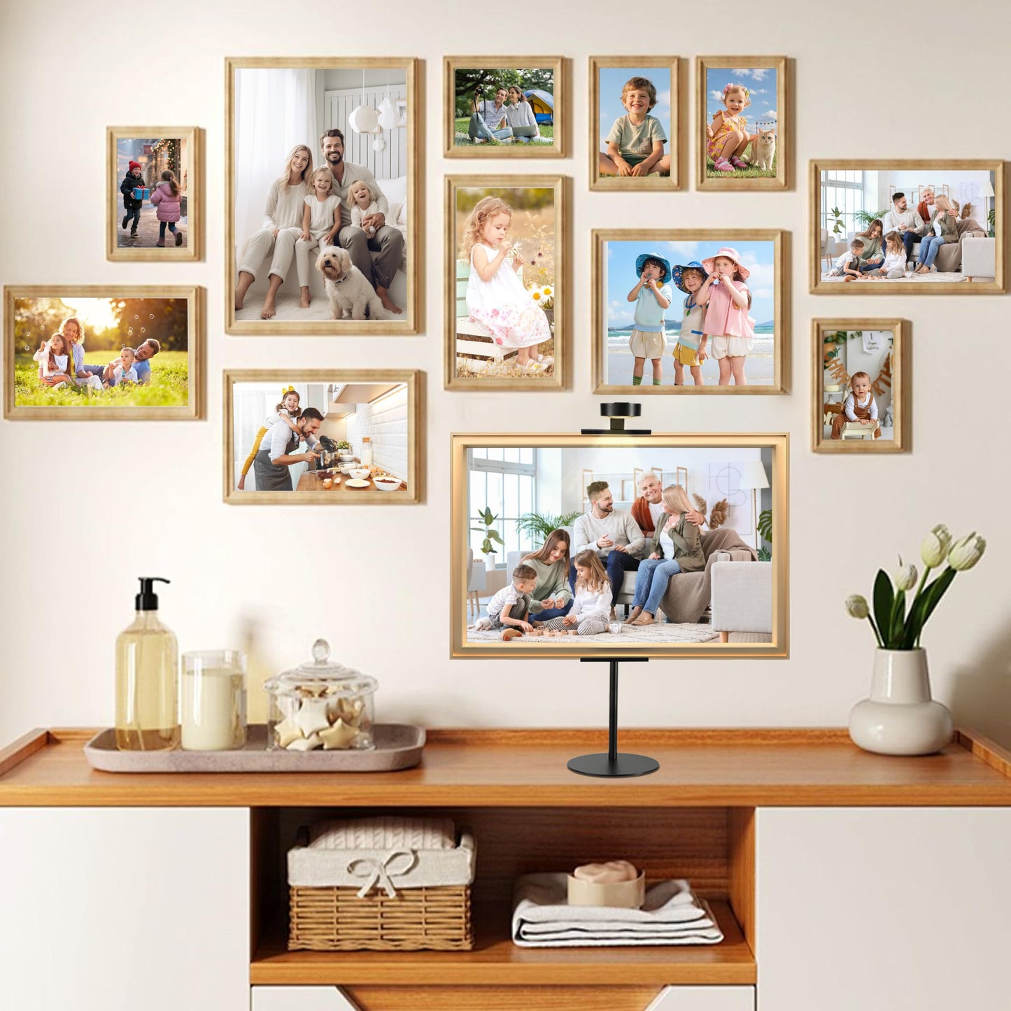 Adjustable Desktop Photo Frame Stand with Magnetic Wall Painting Light, Holds Picture Frames up to 30 Inch,with Rechargeable Battery,Metal Vertical Stand with 3 Color Temperature & 13RGB Poster Lights, for Displaying Picture Frames, Artworks (1 Pack,Black