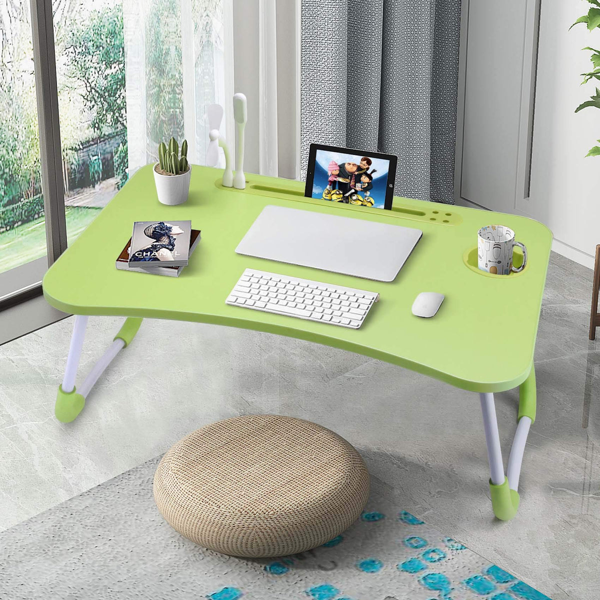 Slendor Lap Desk with Cup Holder, Foldable Laptop Table for Bed, Portable Bed Desk for Laptop and Writing, Computer Tray with Tablet Slot, Notebook Stand Reading Holder for Couch Sofa Floor,Green