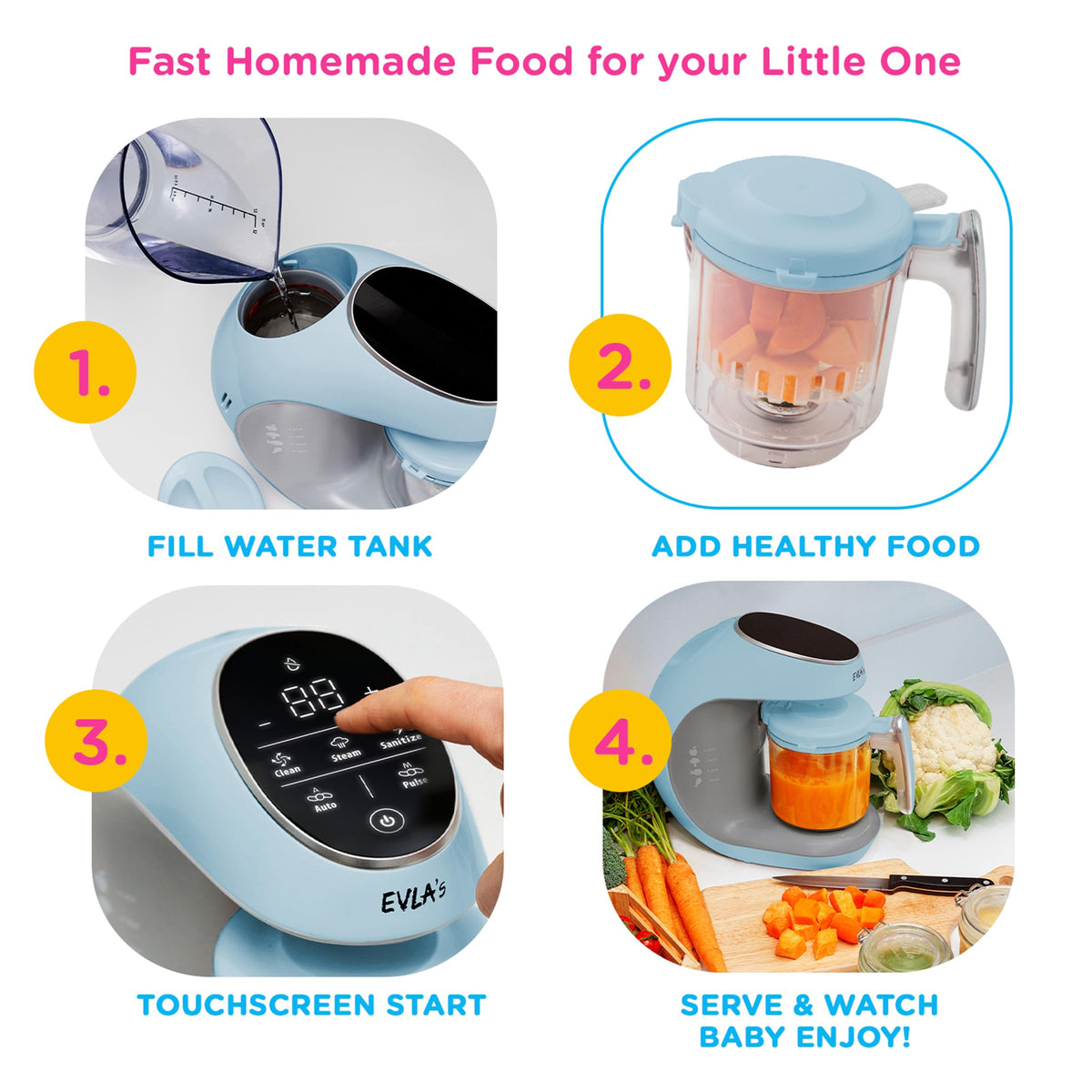 EVLA'S Baby Food Maker, Steamer, Blender, Baby Food Processor for Healthy Homemade Baby Food in Minutes, Touch Screen with 6 Reusable Food Pouches, Baby Registry Essential, Blue
