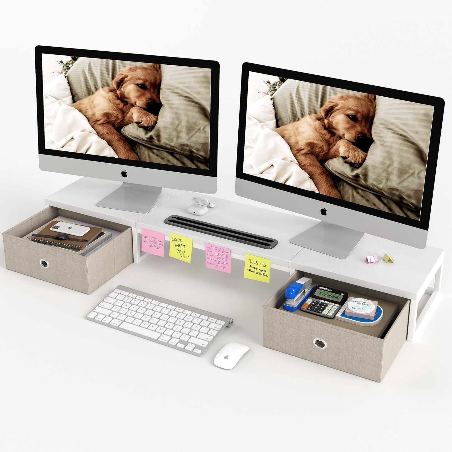 39 Inch Dual Monitor Stand Riser with 2 Drawers - Large White Wooden Computer Stand for 2 Monitors, Ergonomic Desk Organizer with Phone Holder, Desktop Storage for Laptop, Office Supplies, Home Office