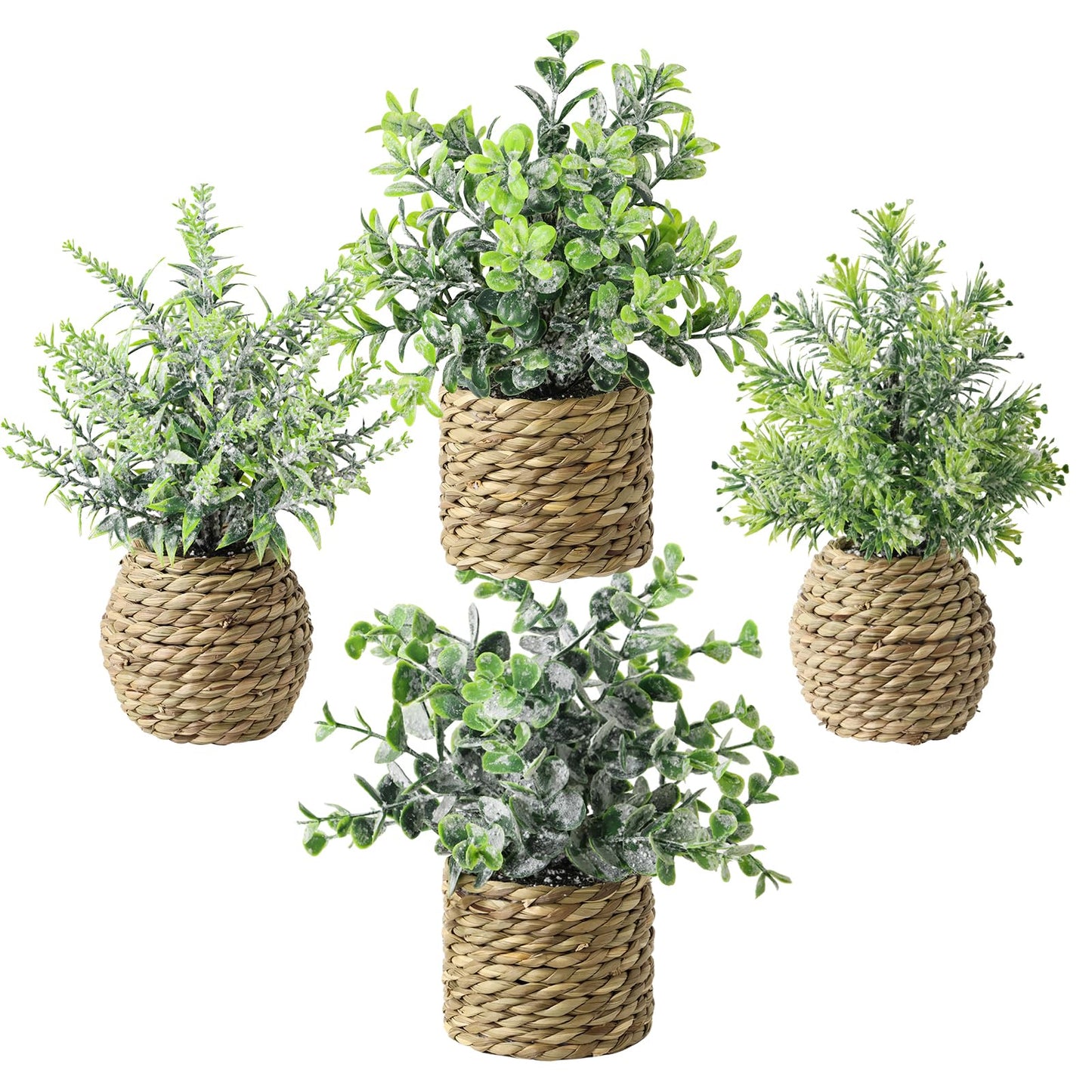 Small Fake Potted Plants: 7 Inches Artificial Plants with Seagrass Handwoven Planters, Indoor Farmhouse Spring Decorations, Eucalyptus Plant for Home Bathroom Office Shelf Tabletop Desk Room Decor
