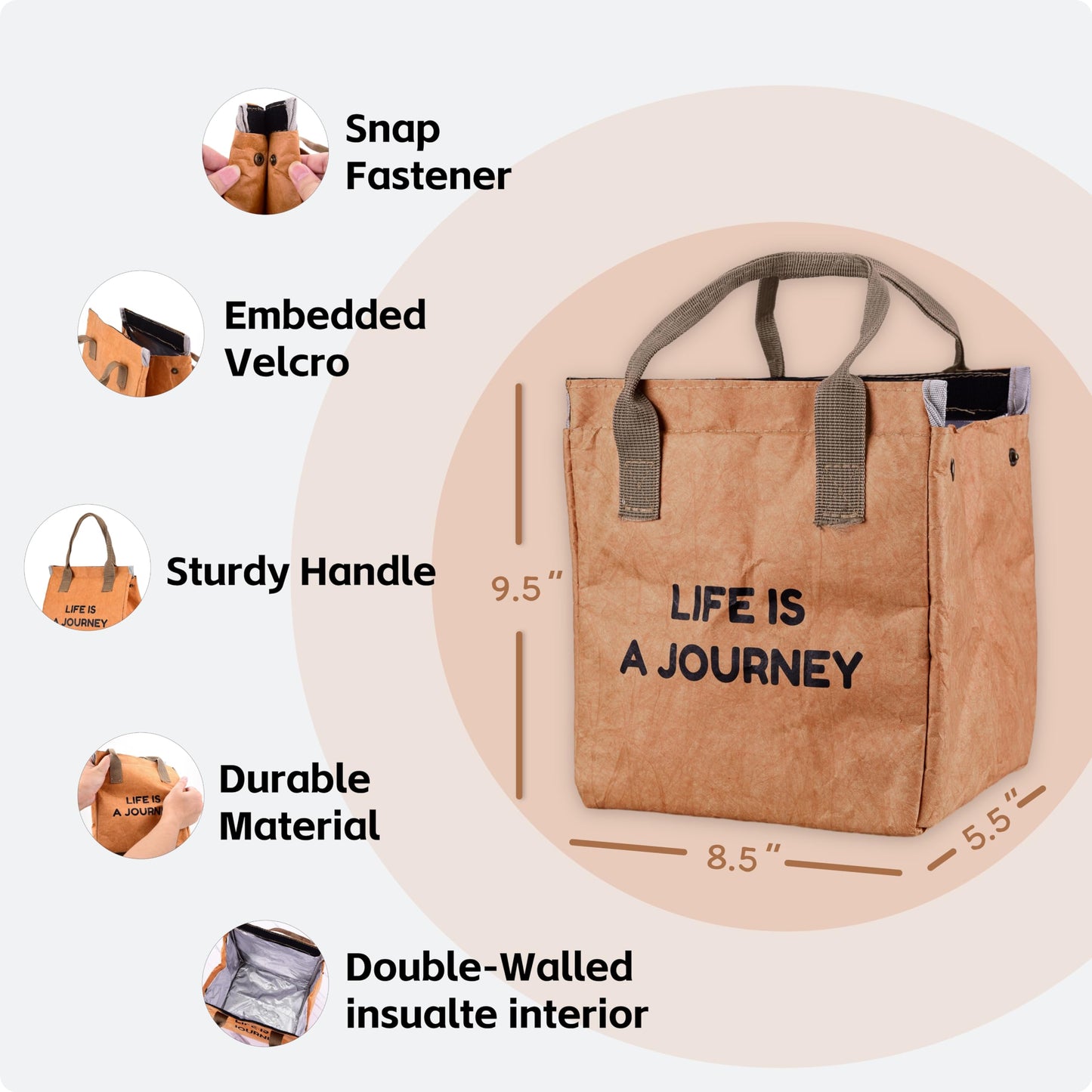 zzsbrm Insulated Lunch Bag for Women/Men-Reusable lunch bag - Lunch Box - for Office Picnic Hiking Beach,Freezable Cooler Bag- Tyvek Material - Foldable Tote Bag Organizer for Adult（Brown）