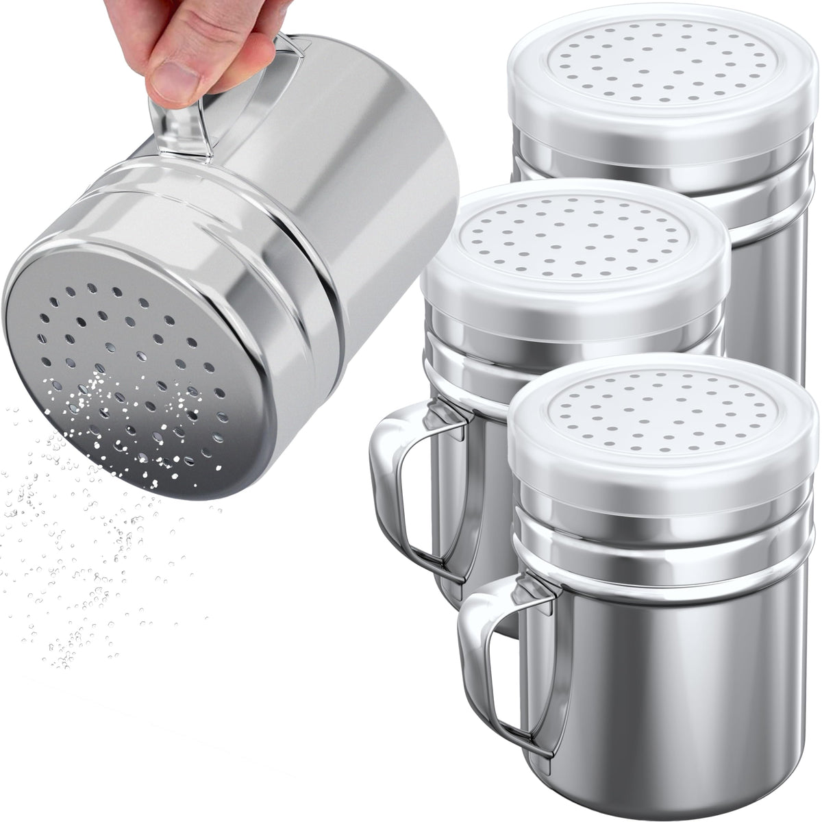 CUSINIUM 10oz Stainless Steel Salt Pepper Dredge Shakers - With Plastic Cap - With Handle - Pack of 4