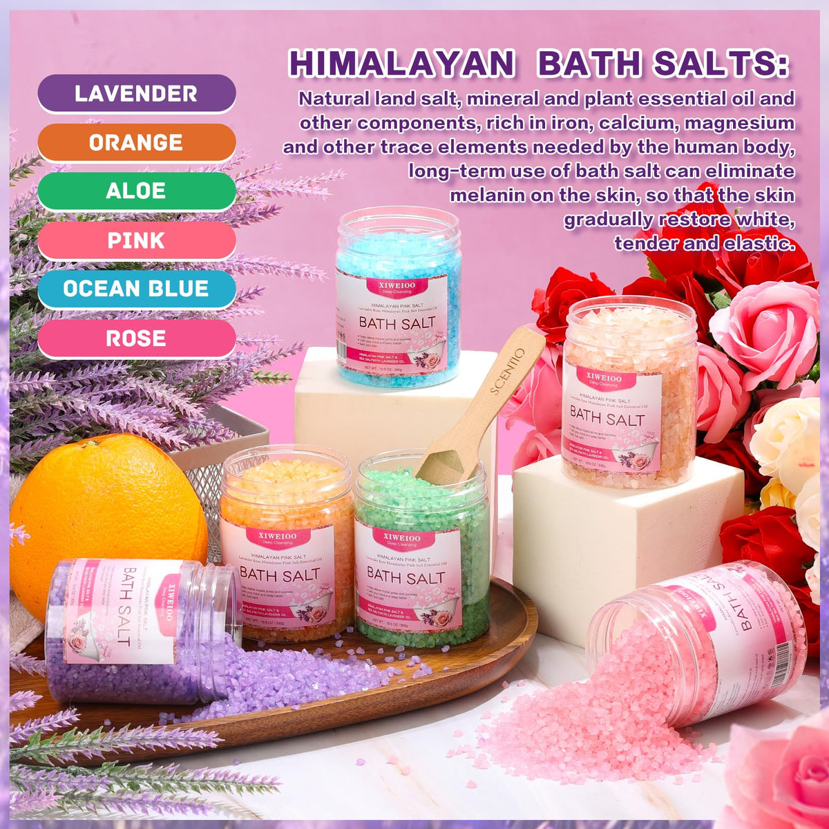 XIWEIOO 6 Pack Bath Salt KIT for Soaking Himalayan Pink Salt Lavender Orange Rose Pink Scent Epsom Salt Bubble Bath for Women Gift with Dead Sea Salt Moisturizing Skin Essential Oil