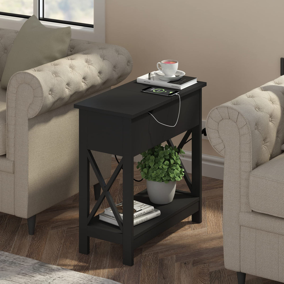 ChooChoo End Table with Charging Station, Narrow Flip Top Side Table with USB Ports & Power Outlets for Small Spaces, Nightstand Sofa Table for Living Room, Bedroom, Black, 2 Pack