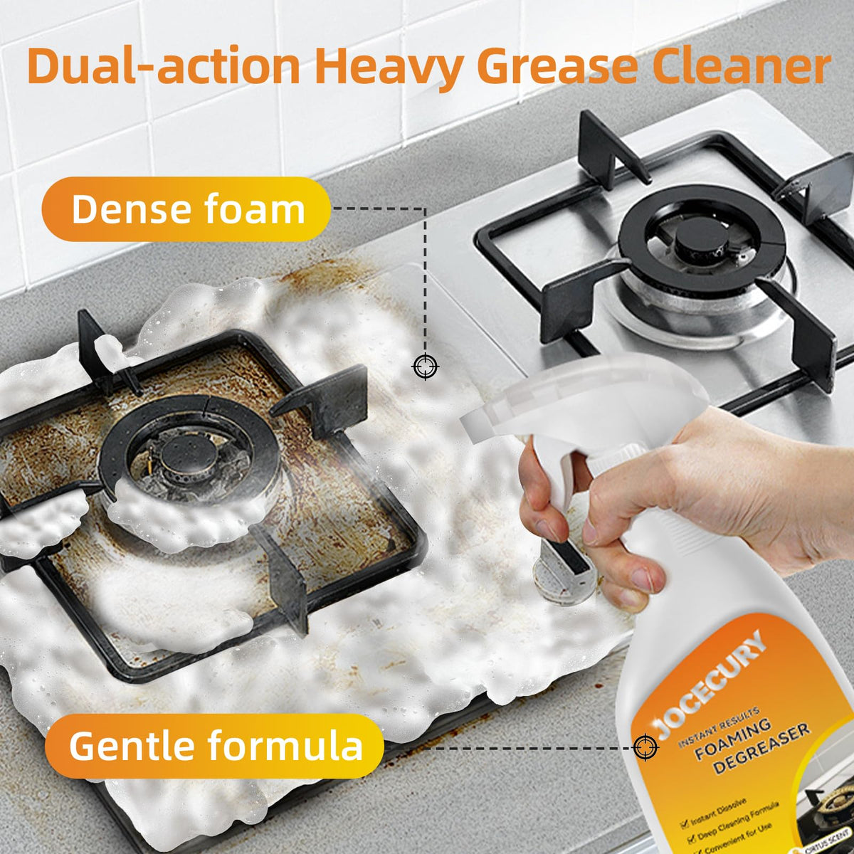 Jocecury 500ml Powerful Kitchen Degreaser Foam Spray – Multipurpose Grease Remover for Pots, Pans, Countertops & Appliances with 2-in-1 No-Rinse Dual Spray Nozzle (Lemon)