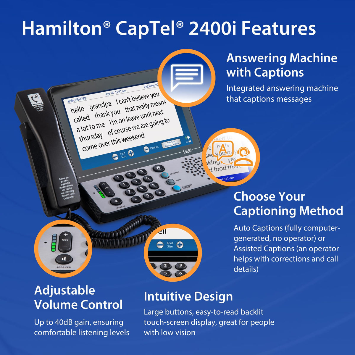 Hamilton CapTel 2400iSPNBT Captioned Telephone, Hearing Impaired Phones, Volume Control with up to 40dB Amplification Gain, Large Touch Screen Display, Wi-Fi Capable, Answering Machine & Speakerphone