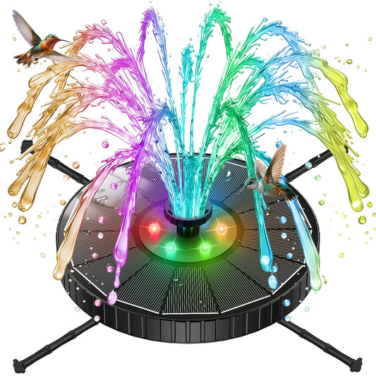 GAIZERL Solar Fountain with 3 Spray Height, Colorful Led Lights, 3.5W Glass Solar Bird Bath Water Fountain with 2000mAh Battery, 4 Rotating Rods and 7 Nozzles for Hummingbird Bathing, Outdoor Decor