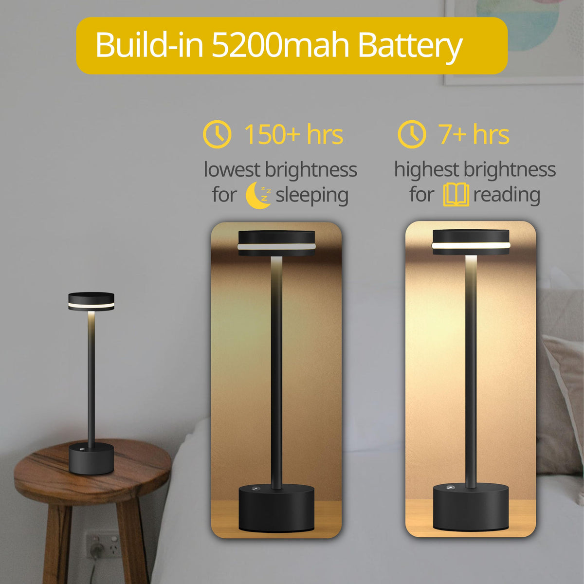 ECOESPTI Cordless Table Lamp, Portable Rechargeable Bedside Lamp, Touch Stepless Dimmable Desk Lamp, for Home Bedroom Hotel Restaurant Bar Outdoor, 2 Set, Black