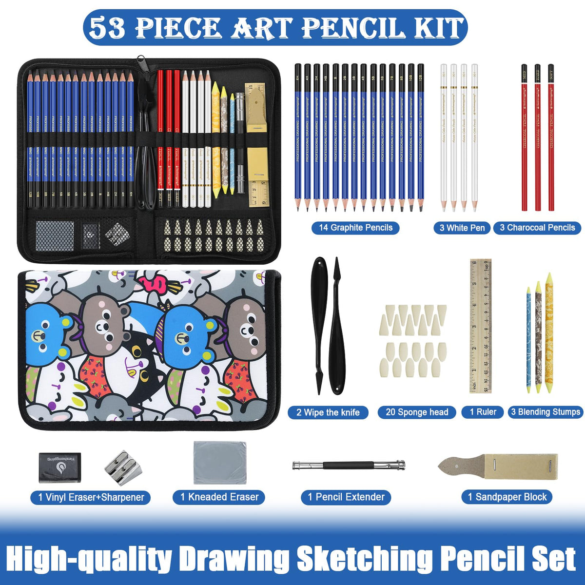 Daerthotk 53 PCS Drawing Kit Sketching Pencil Set, Sketch Pencils Art Supplies with Graphite, Charcoal, Blending Tools, Drawing Pencils for Artists Adults Beginner Family Friends
