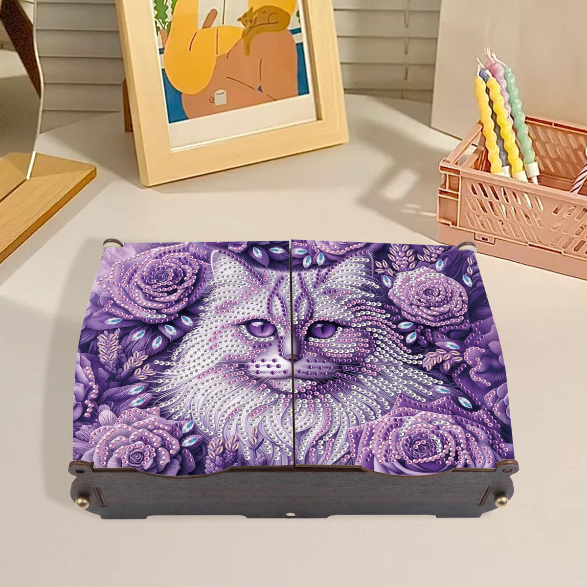 MVVMTOP Diamond Art Painting Kit Wooden Storage Box, cat Pattern DIY Special Shaped Diamond Flip Cover Wooden Money Box, Handmade Art Desktop Decorations Birthday Gifts for Friends