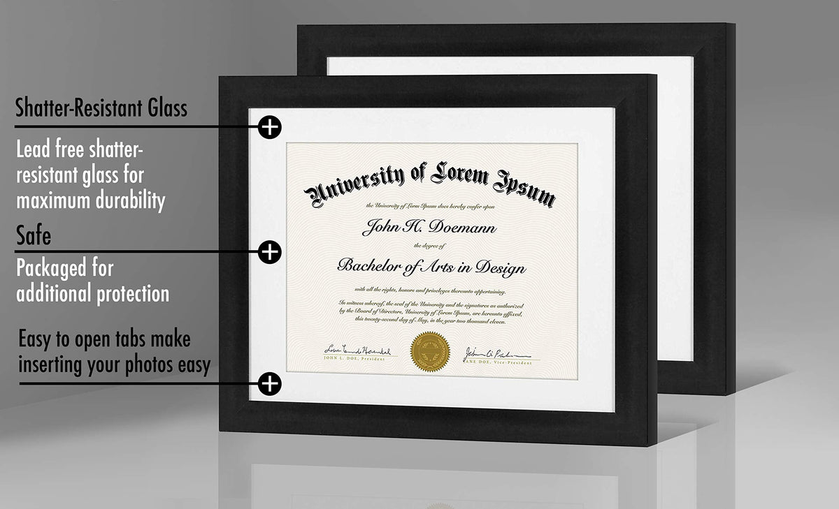 Americanflat 11x14 Diploma Frame with Shatter-Resistant Glass - Set of 2 - Use as 8.5x11 Frame with Mat or Display 11x14 Documents Without Mat - Certificate Frames with Engineered Wood - Black