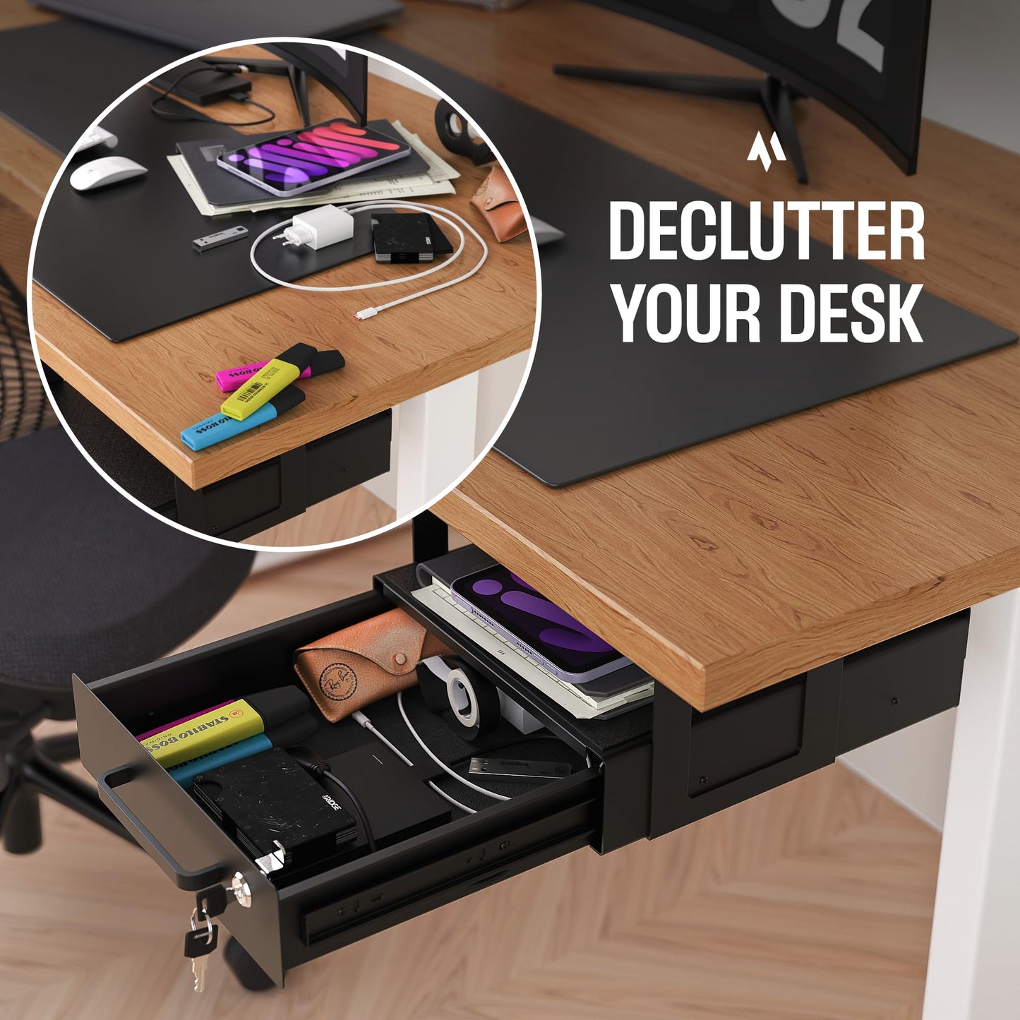 Under Desk Drawer Slide-Out – Lockable Metal Storage Drawers with Cable Management for Office & Home (Double, Bracketed)