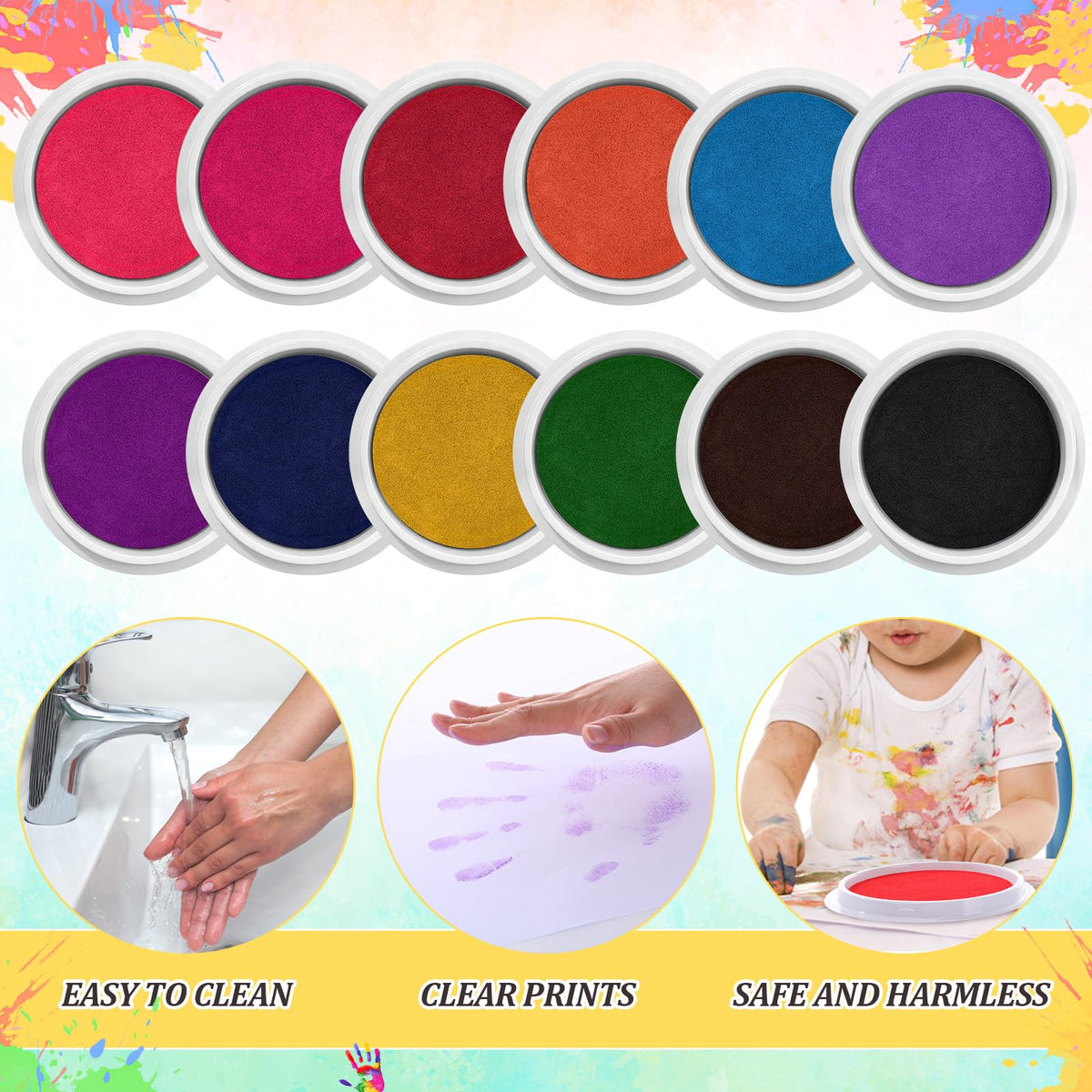 Jetec 12 Pack 7 Inch Large Washable Ink Pad Set, Handprint Footprint Ink Pad, Non-Toxic Washable Stamps Pads for DIY Crafts, Card Making, Scrapbooking, Family Art Projects (12 Colors)