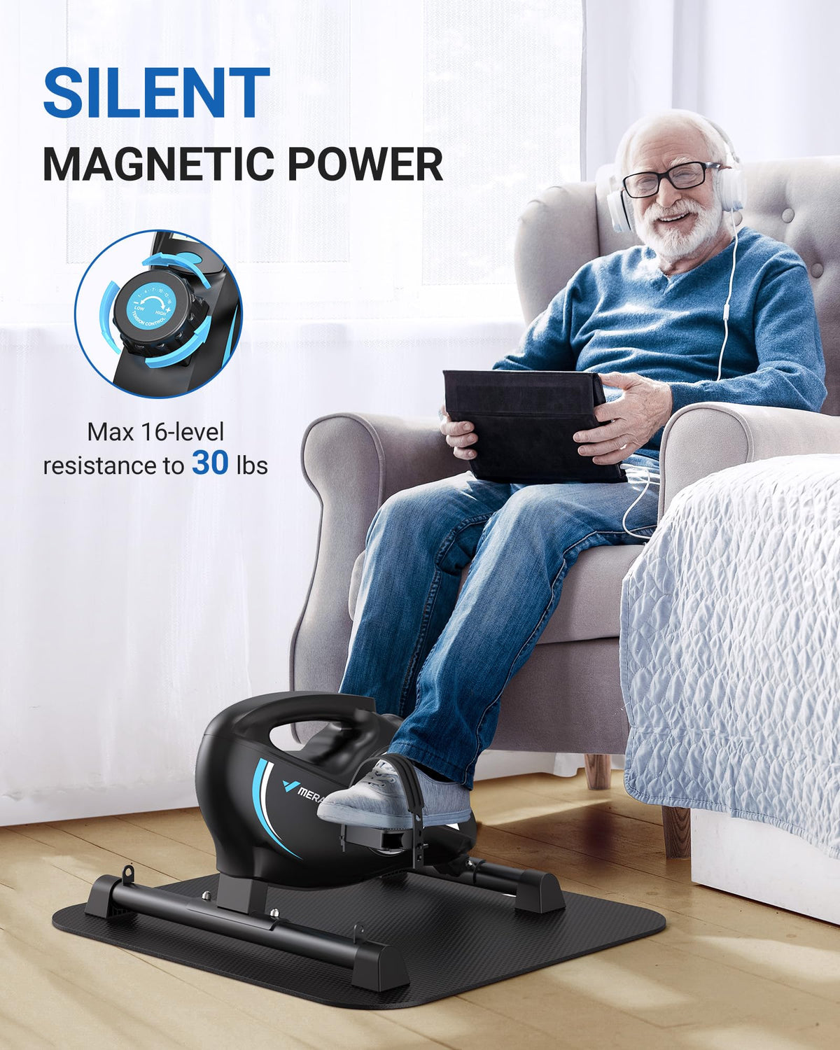 Under Desk Bike Pedal Exerciser, Quiet Magnetic Mini Exercise Bike with MERACH App for Arm, Leg Recovery, Physical Therapy, Smooth Foot Desk Cycle