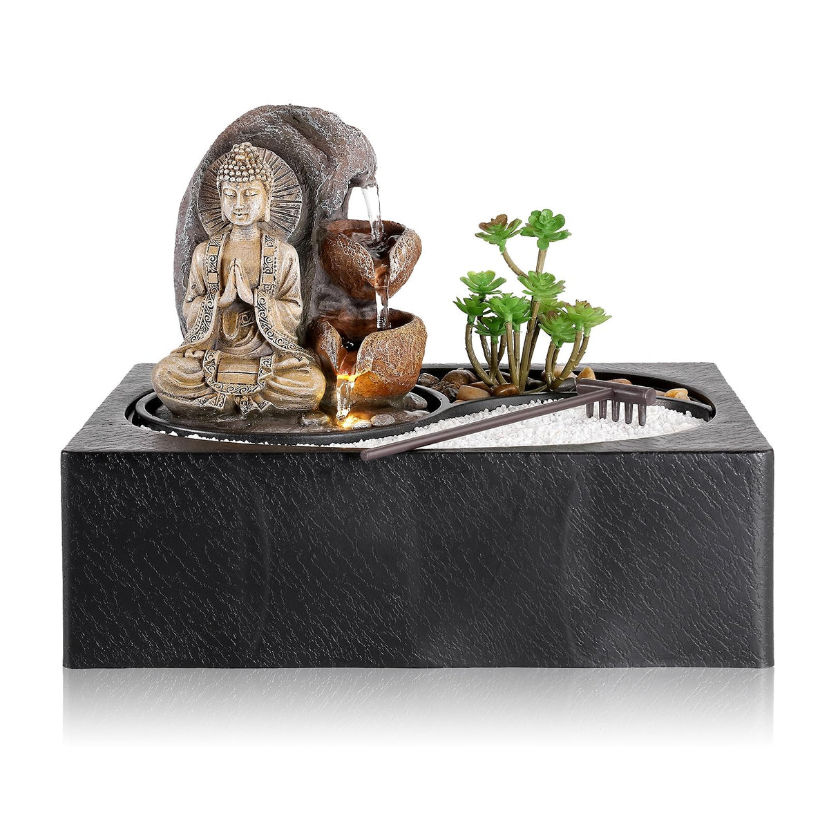 WICHEMI Waterfall Fountains Indoor Water Fountain Tabletop Fountain Zen Garden Buddha Fountain with LED Warm Light for Office Home and Bedroom Desktop Decor