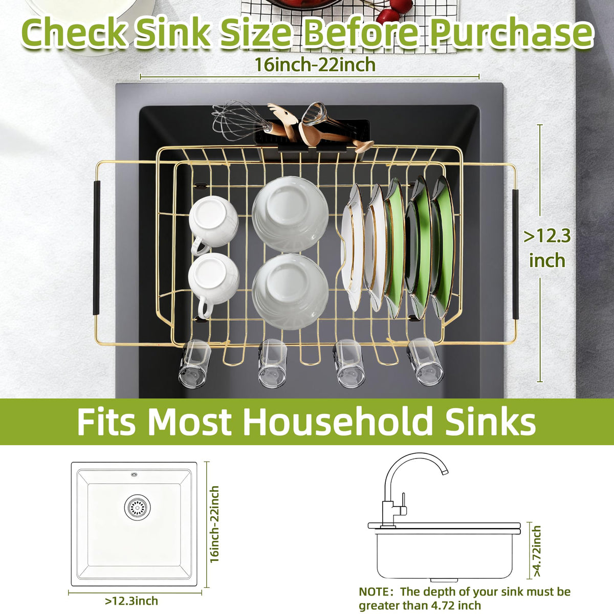 HAYAWEY Golden Expandable Dish Drying Rack-Extra Large Stainless Steel Dish Drainer Over The Sink for Kitchen Countertop with Utensil Holder, Applicable for Sink Width 16'-22' (Gold,23.2'*12.2')