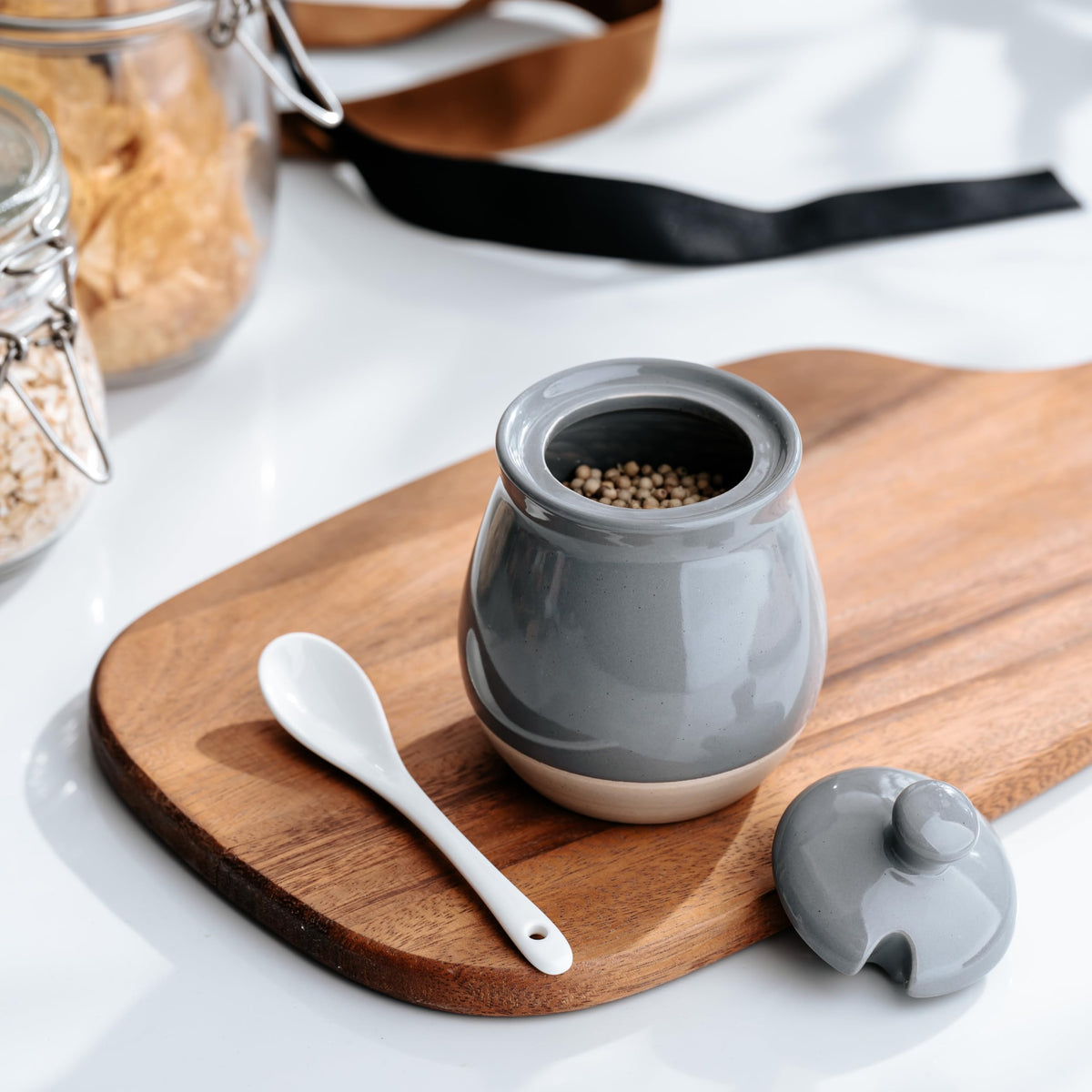 famiware Milkyway Sugar Bowl with Lid and Spoon, 10oz Ceramic Sugar Jar/Pot/Dispenser for Salt, Condiments, Spice, Seasonings, Sugar Container for Coffee Bar, Home, Kitchen, and Countertop, Dark Gray