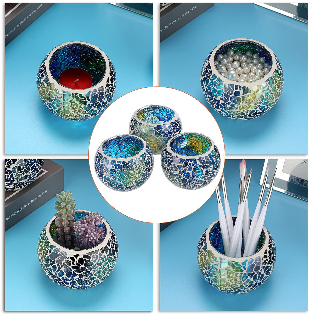 OwnMy Set of 3 Blue Mosaic Glass Tea Light Holders Round Bowl Votive Candle Holders Pillar Candle Stands, Glass Mosaic Tealight Holders Potted Plant Bowl Vase Candle Centerpiece for Table Wedding