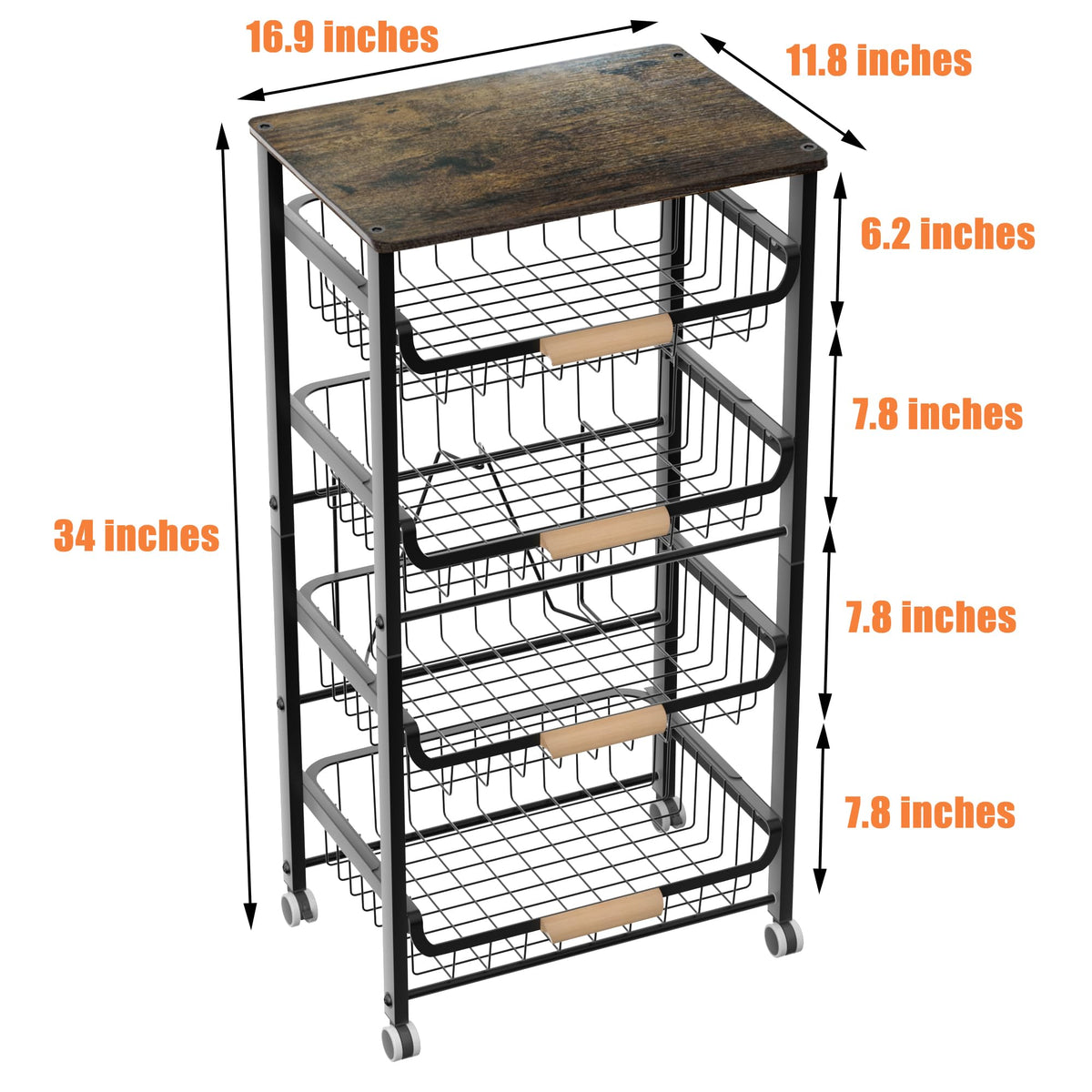 NiuYichee 5-Layer Fruit Basket Kitchen Food Organizer and Rack, Stackable Storage Cart with Desktop, Pull-Out Hollow Metal Basket, Wheeled Sorting Rack Spice Rack, Black