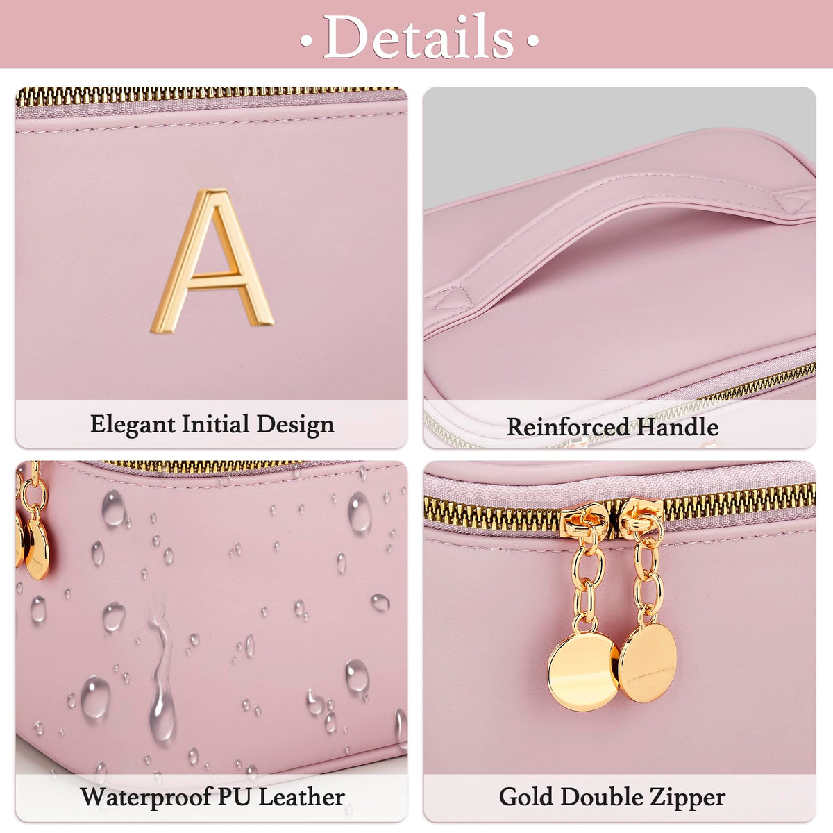CLOUDWINGS Personalized Initial Makeup Bag Gifts for Women, Large Travel Cosmetic Organizer with Handle & Divider, PU Leather Toiletry Bag for Girls, Birthday Bridesmaid Gift Set - Pink - A