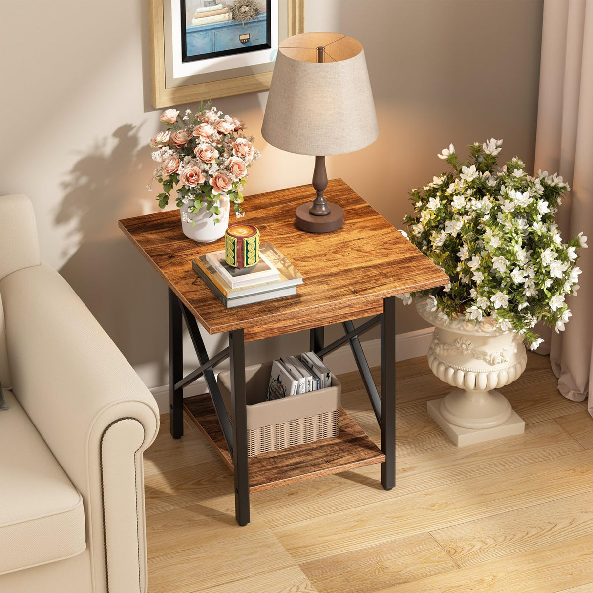 GreenForest End Table 24 inch for Living Room, Large Square Side Tables with X-Frame, Tall Industrial Bedside Nightstand with 2-Tier Storage, Rustic Walnut