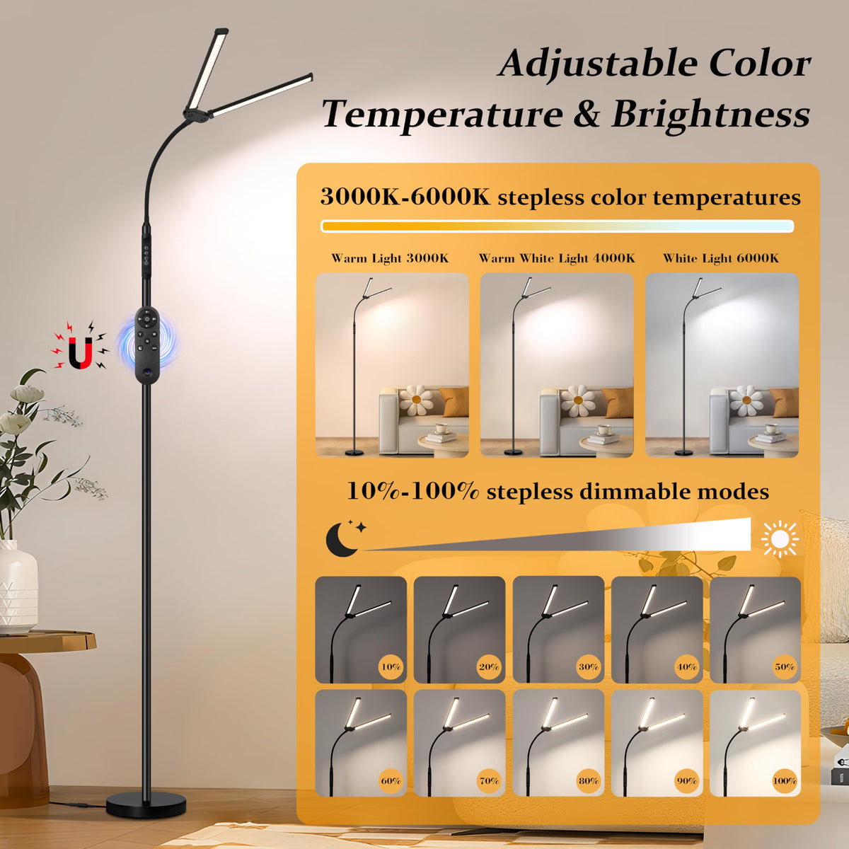 JhauvMw Dual Head LED Floor Lamp 18W, 3 Color Modes 10 Brightness, Pole Controller & Magnetic Remote, Adjustable Gooseneck, Built-in Wire, USB Eye-Caring Lamp for Living Room, Reading, Office