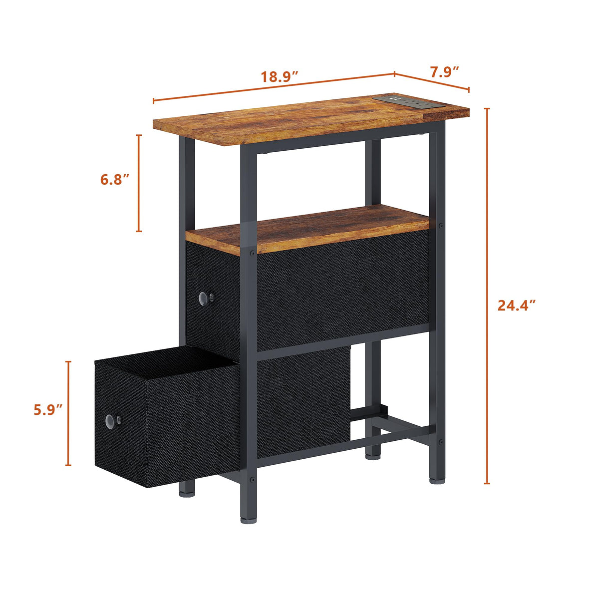 TRIFEBLE End Table with Charging Station, Narrow Side Table with 2 Fabric Drawers, Skinny Nightstand with LED Light, Slim Bedside Table for Bedroom, Living Room, Small Spaces, Rustic Brown and Black