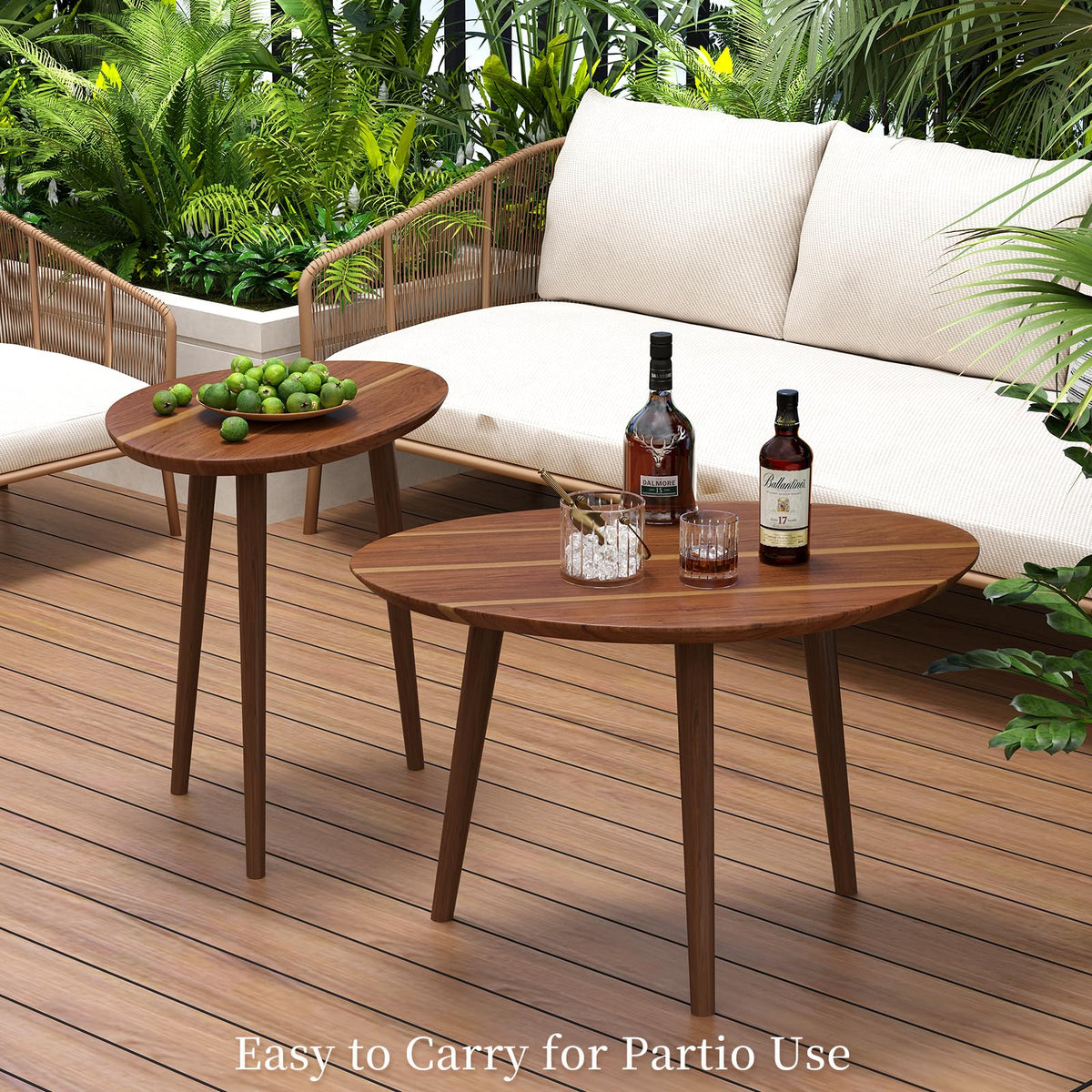 Semjar Small Oval Coffee Tables Set,Acacia Wood Nesting Tables（25.6"x17.7"+17.7"x13.4" for Living Room Small Spaces Office,Easy Assembly Wooden Minimalist Walnut Mid Century Modern Coffee Table