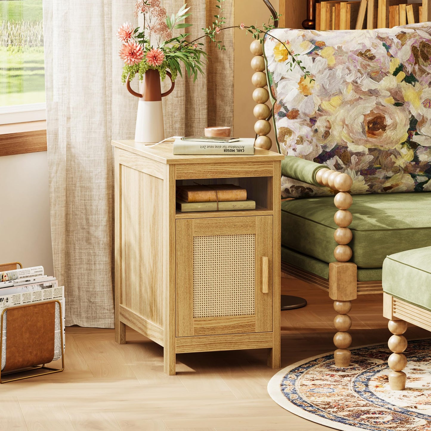 Huuger Narrow Night Stand, End Table with Charging Station, USB-C Port, Rattan Side Table with Cabinet and Open Shelf, Synthetic Rattan, for Small Spaces, Bedroom, Natural Wood