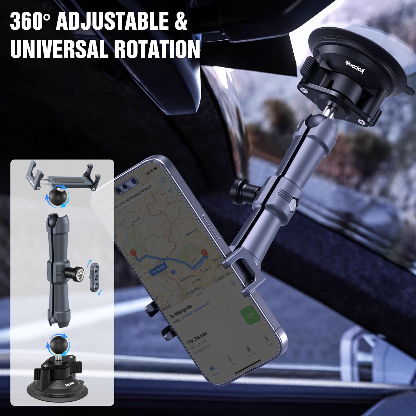 KAPARNER Universal Car Phone Mount, with 25mm Ball Magic Arm and 360° Rotation Phone Holder, Suction Cup Windshield & Dashboard Mount, for iPhone/Samsung/Android, Fits Phone Width 2.56-3.74"(KPS-10)