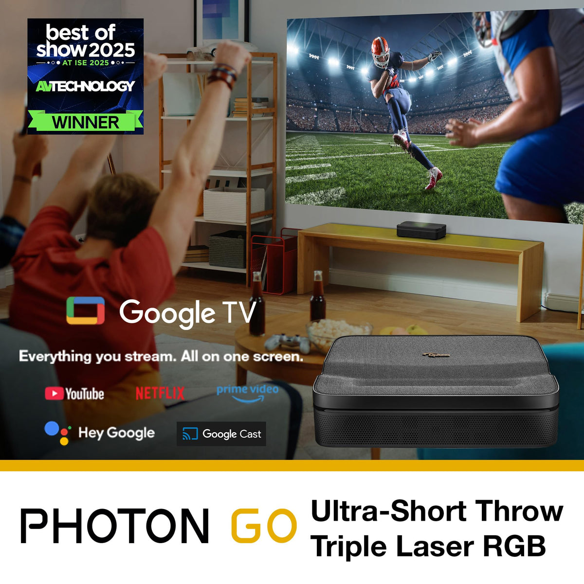 Optoma ML1080UST PHOTON GO Ultra Short Throw 1080p HDR Portable Projector, Triple Laser (RGB), Google TV with Netflix and Disney+ Certified, Home Theater Projector