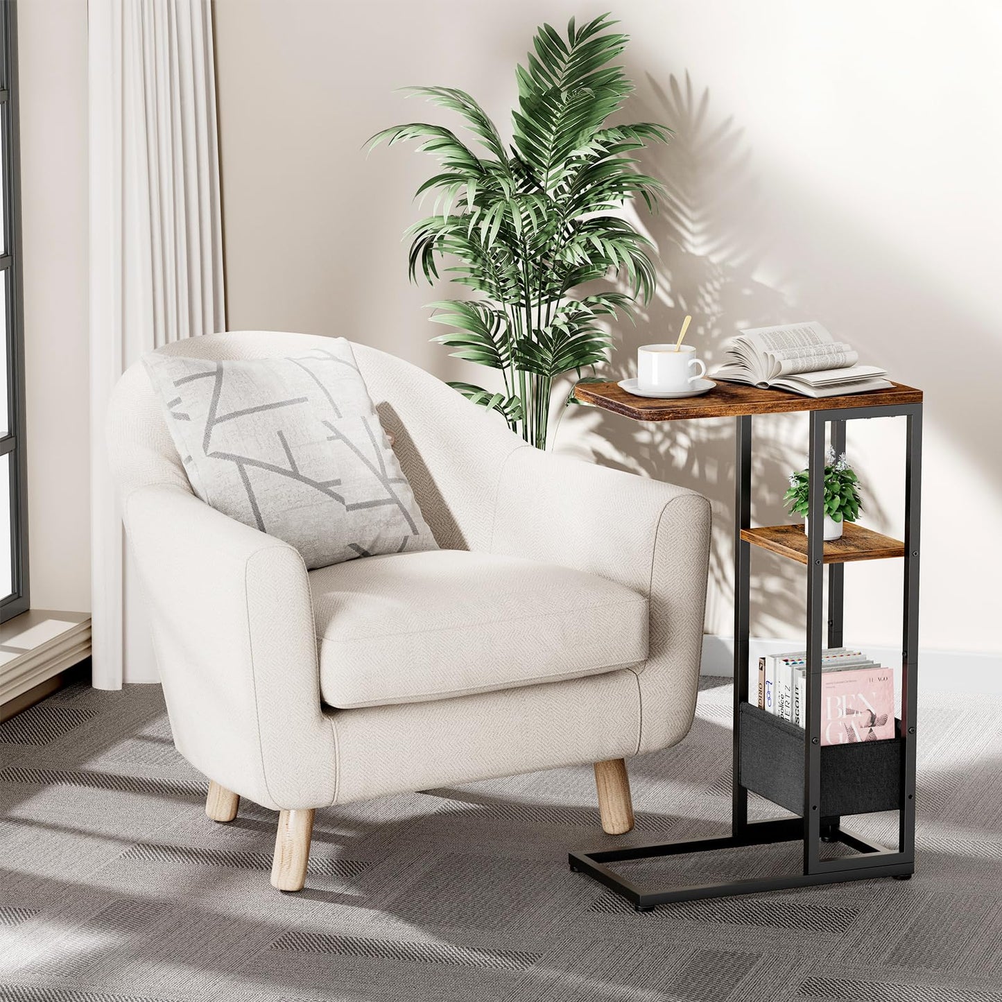 Yuede C Shaped End Table, Small Side Table for Couch, Recliner, Slide Under Sofa Tray Desk Snack Tables with Storage Bag for Living Room,Bedroom, Small Spaces - Rustic Brown