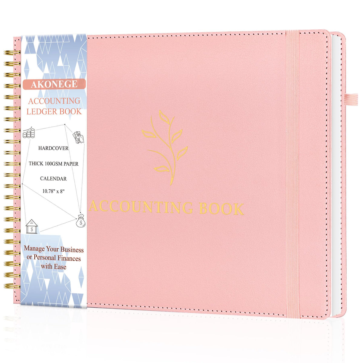 AKONEGE Accounting Ledger Book for Personal & Small Business Bookkeeping, Horizontal Income and Expense Tracker Notebook with Calendar, Hardcover Columnar Log Journal 10.78'' x 8'', Dusty Pink