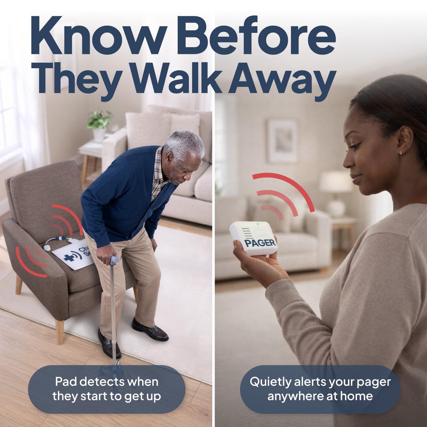 Smart Caregiver Chair Exit Alarm System with Wireless Pager and for Fall Prevention | Chair Alarm Alerts Caregiver When They Get Up from The Chair | USA-Based Company and Customer Support