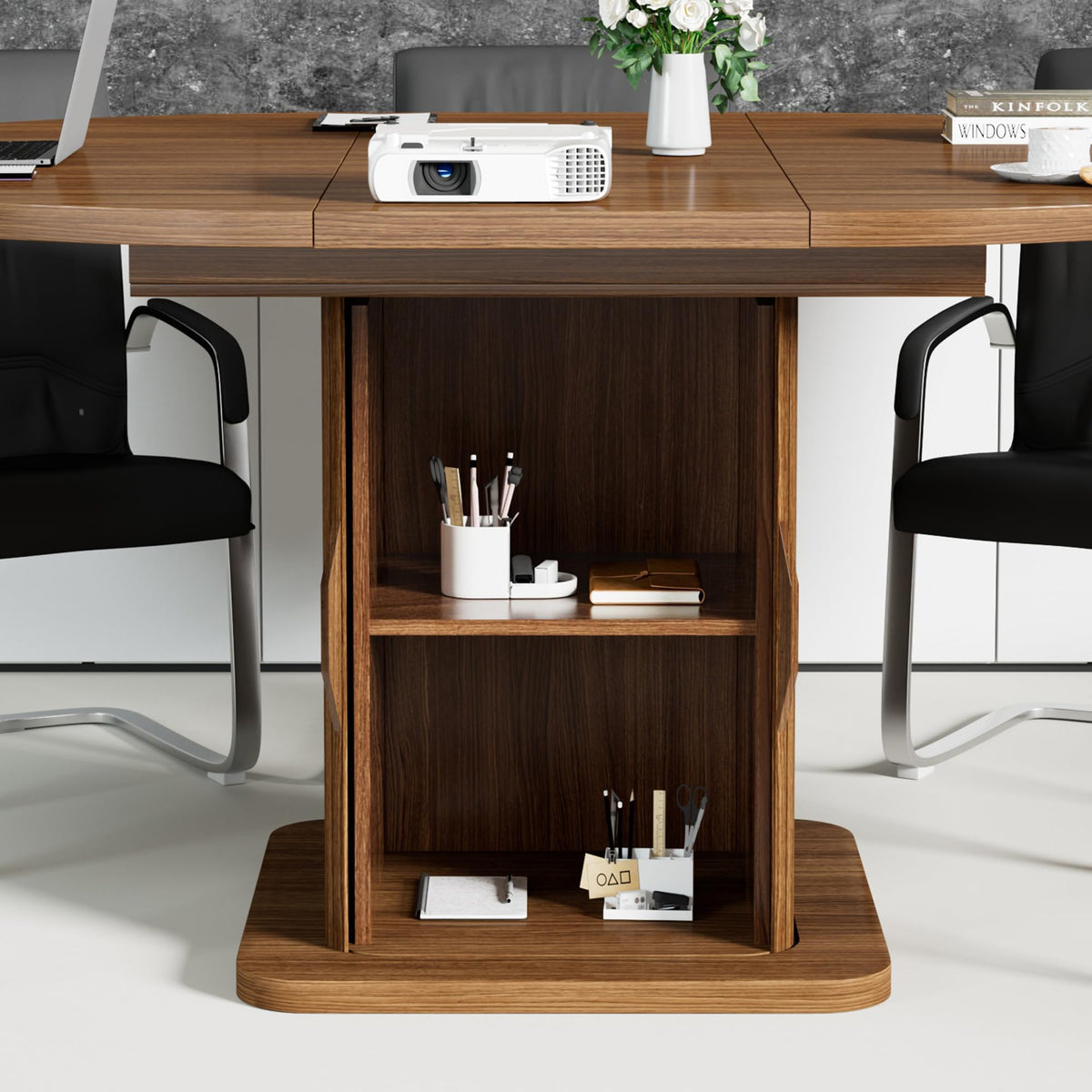 Extendable Round Conference Table for 4-8 People, 43in-59in Modern Oval Meeting Room Table with Storage, Fluted Wood Slide Doors, Small Compact, Office, Training, Conference Room, Walnut