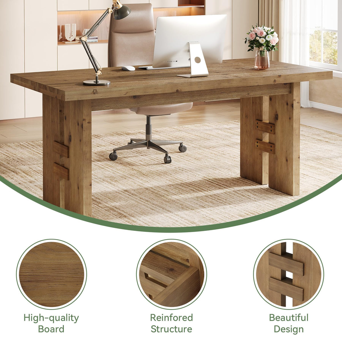 TRIBEWOOD 63-Inch Executive Desk, Solid Wood Office Computer Desk with Large Tabletop, Farmhouse Writing Conference Table Workstation for Home Office, Rustic Brown