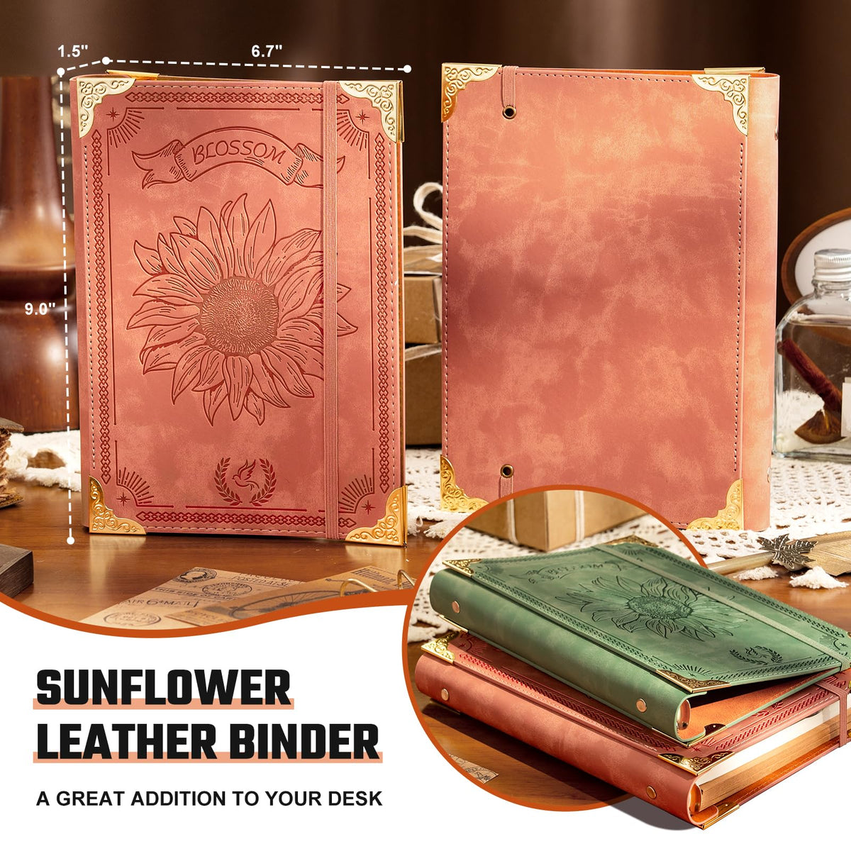 Ovesmusl Sunflower PU Leather A5 Binder 6 Ring Refillable Journal Cover No Inserts A5 Planner Binder Loose Leaf Binder for Notebook 5.7”x8.3” with Elastic Closure, Green