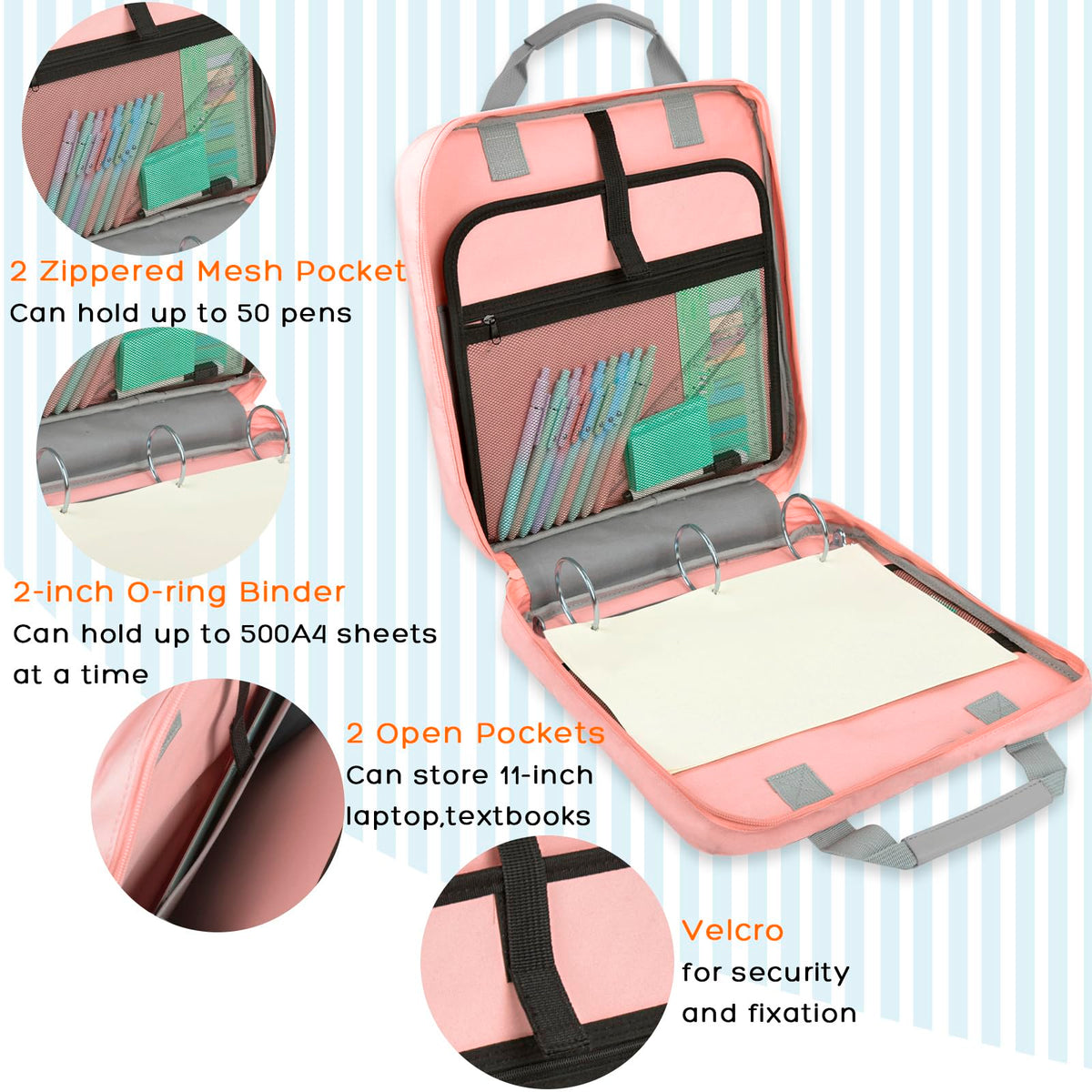 ChezMax Zipper Binder 3 Ring with Lunch Box - Zipper Binder Organizer Bag with Shoulder Strap & Handle, 2 Inch O Ring Binders, Large 500 Sheet Capacity & Multi-Pocket Binders Bag Organizer, Pink