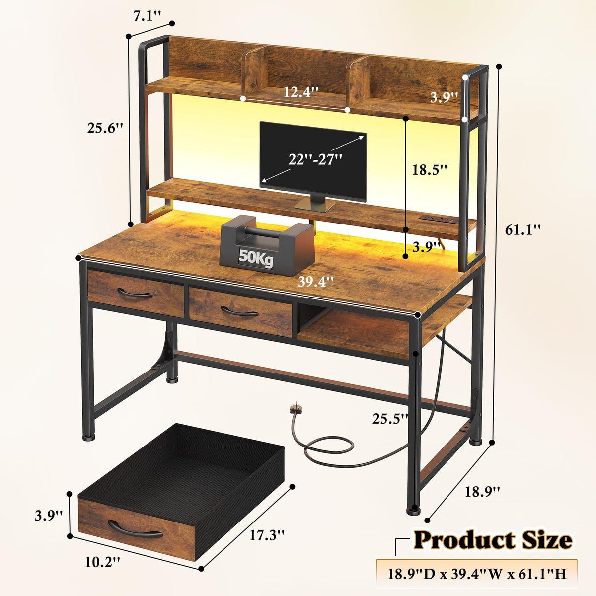 39.4"Office Desk with 2Drawers&Hutch,Computer Desk with Storage Rack&Monitor Stand,Gaming desk with LED&Power Outlet,Modern Study Writing Desk for Bedroom Home Office,Small Space,Rustic Brown
