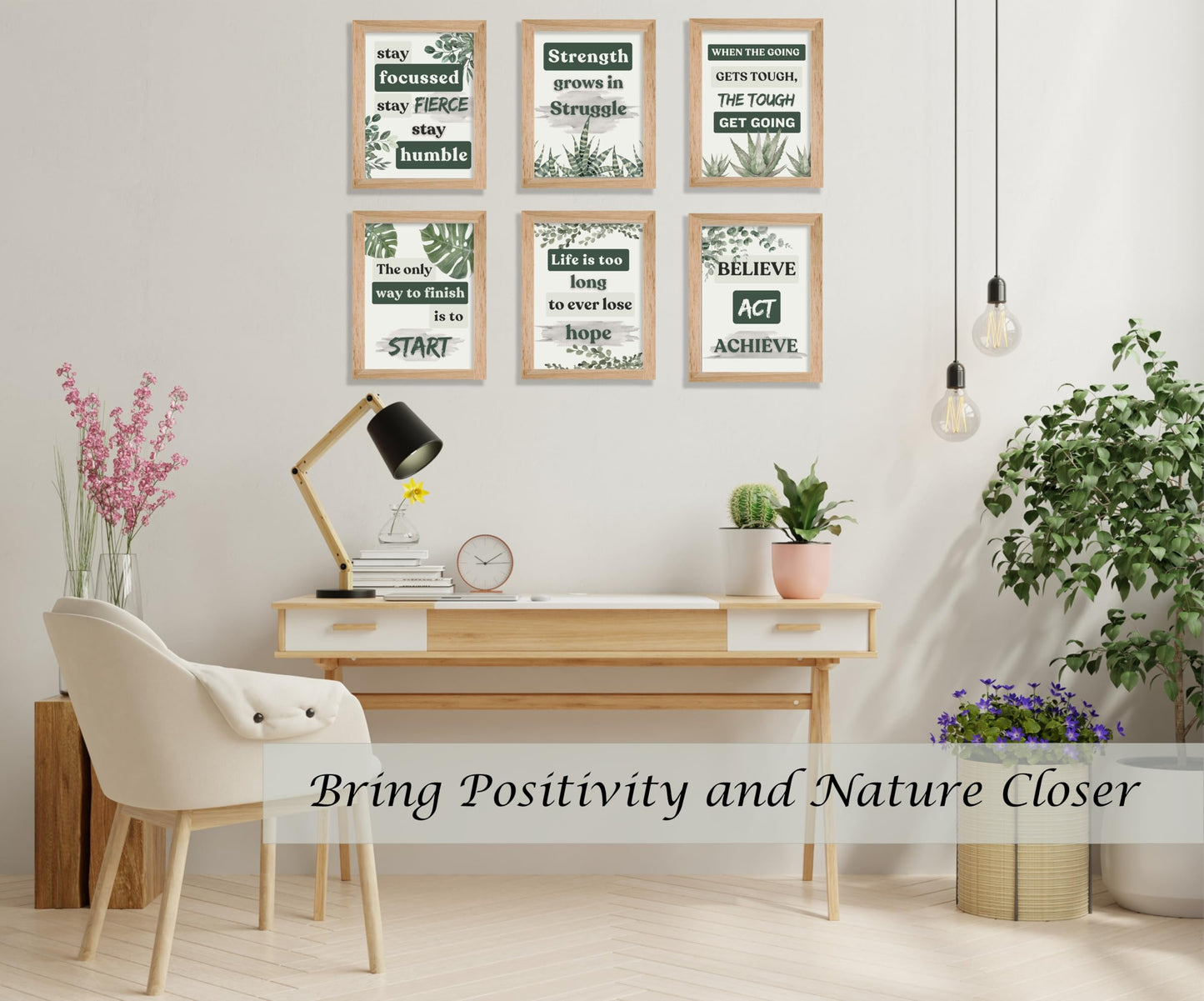 Induslyfe Framed Motivational Wall Art for Living room Bedroom Office Canvas Wall Art pictures for Classroom,Affirmations Inspirational Decor Olive Eucalyptus,Positive Quotes for Office Set of 6, 9x12