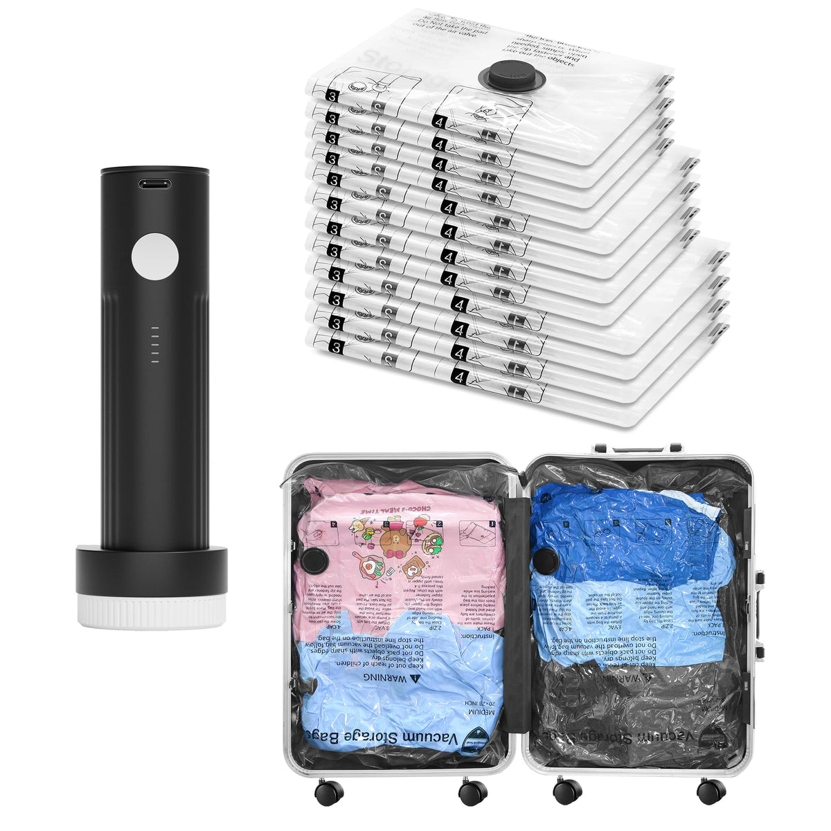 Vacuum Bags for Travel with Rechargeable Pump, 12 Combo (4L/4M/4S) Compression Packing Seal Bags for Luggage Suitcase, Space Saver for Clothing and Clothes Storage Travel