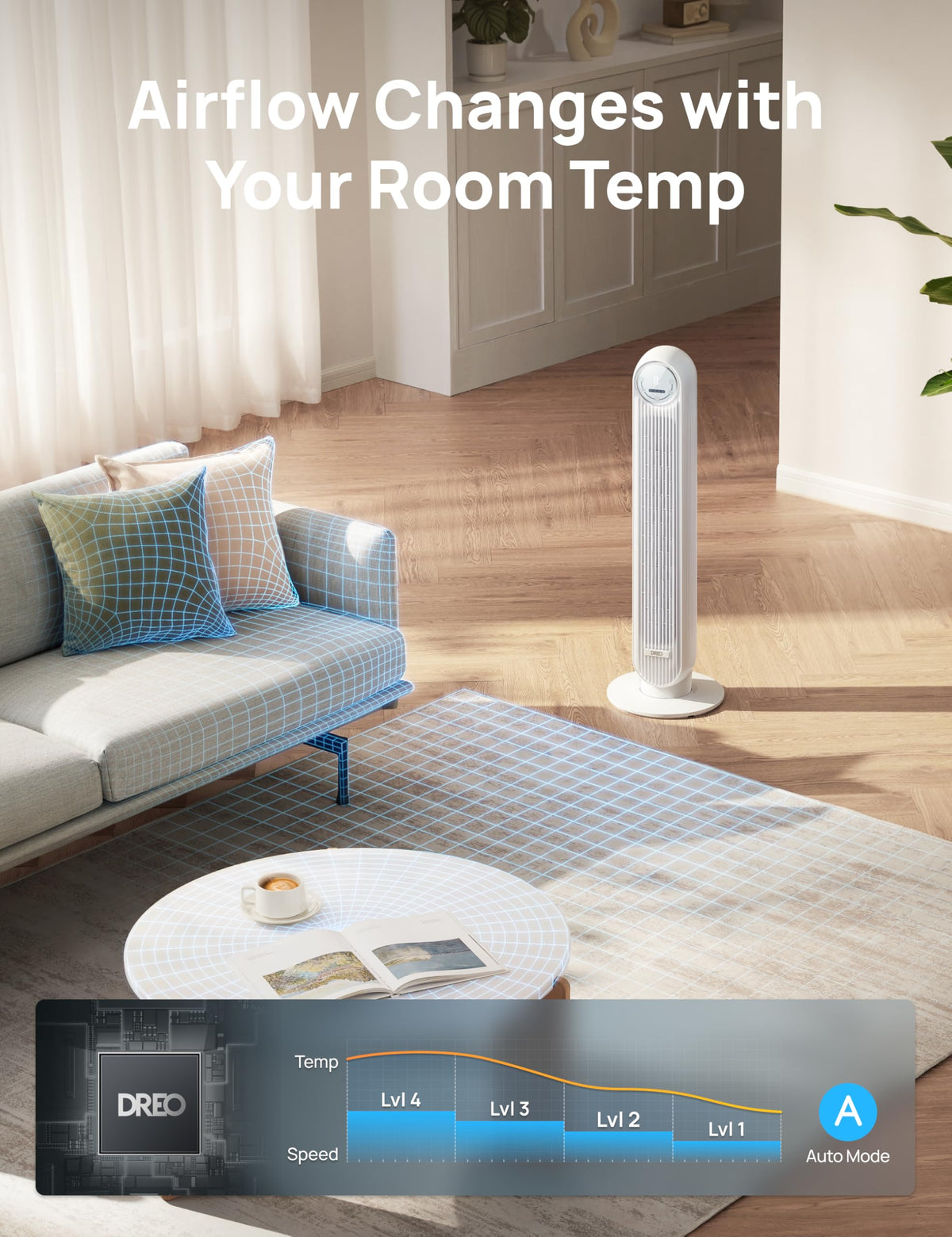 DREO Tower Fan for Bedroom, 25ft/s Smart Standing Fans, 90° Oscillating Floor Fan with 4 Modes, 4 Speeds, 8H Timer, 28dB, Bladeless, Remote, Works with WiFi Voice Control